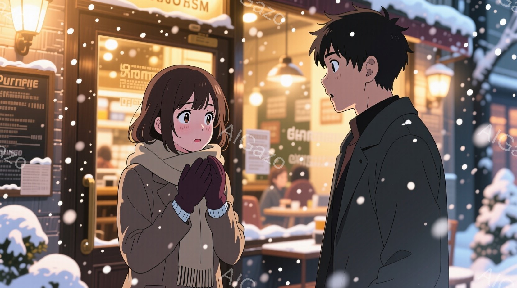 雪が降る冬の街角で、女性と男性が会話をしている様子が描かれています。女性は茶色のショートヘアで、茶色のコートとグレーのスカーフを着用し、手袋をはめています。男性は黒い髪で、黒いジャケットを着ており、女 - AI生成フリー素材