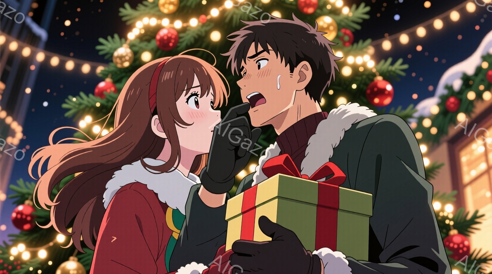 クリスマスツリーの前で、二人のキャラクターが贈り物を交換している様子が描かれています。女性キャラクターは赤いマントを着ており、髪は長く茶色で、赤いリボンがついた帽子をかぶっています。男性キャラクターは黒いジャケットに白いファーがついた襟を着ており、髪は黒く、眉間にしわを寄せています。二人とも驚いた表情をしており、贈り物の箱を手にしています。背景にはクリスマスツリーがあり、赤い球と金色の装飾が飾られています。夜のシーンで、背景には街灯の光が点在し、雪が降っている様子が描かれています。