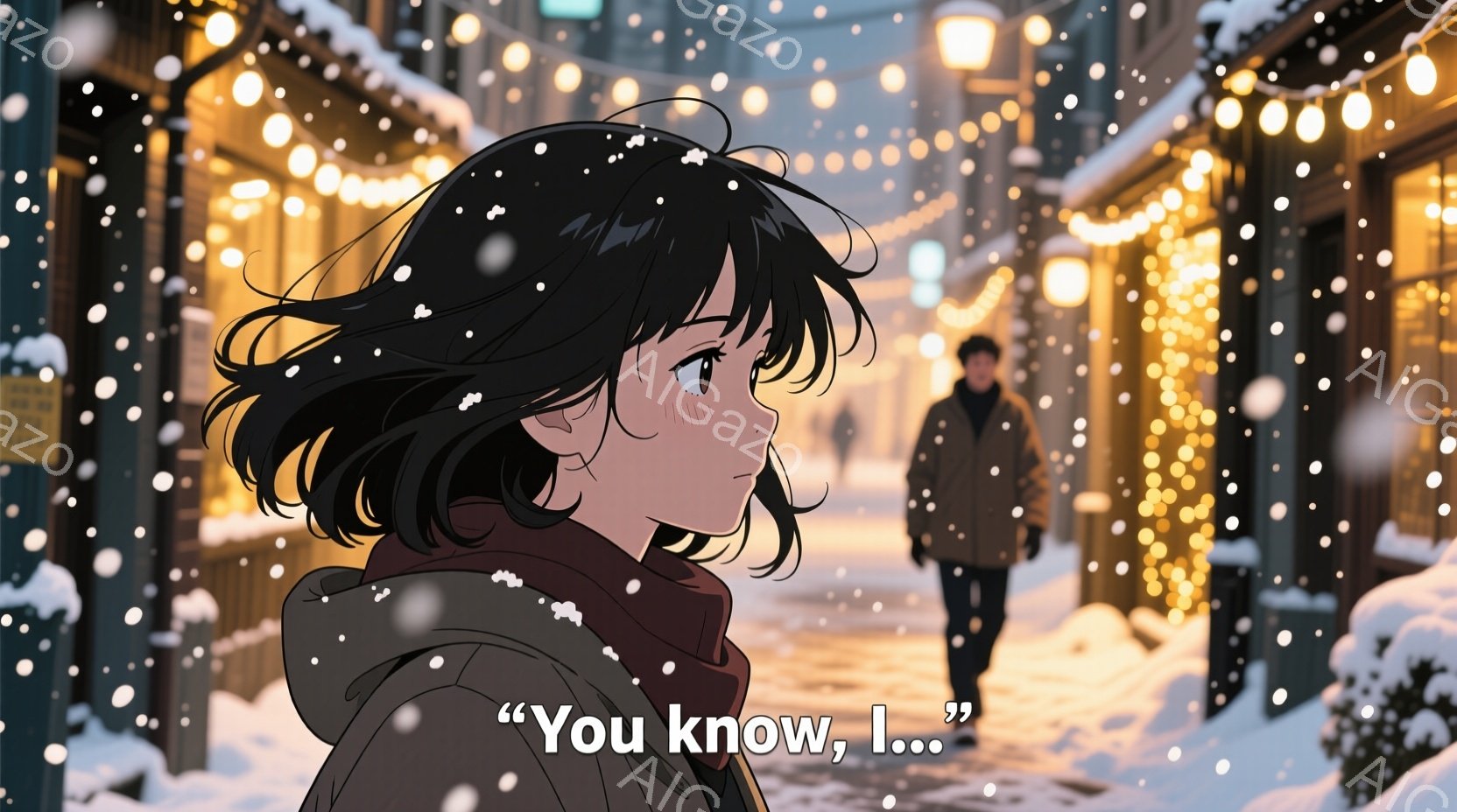 雪が降る通りを歩く女性の後ろ姿が描かれています。彼女の髪は黒く、肩までの長さで、風に吹かれながら揺れています。彼女の表情は少し寂しそうで、何かを考えているように見えます。背景には雪に覆われた建物があり、街灯の光が暖かみのある雰囲気を作り出しています。