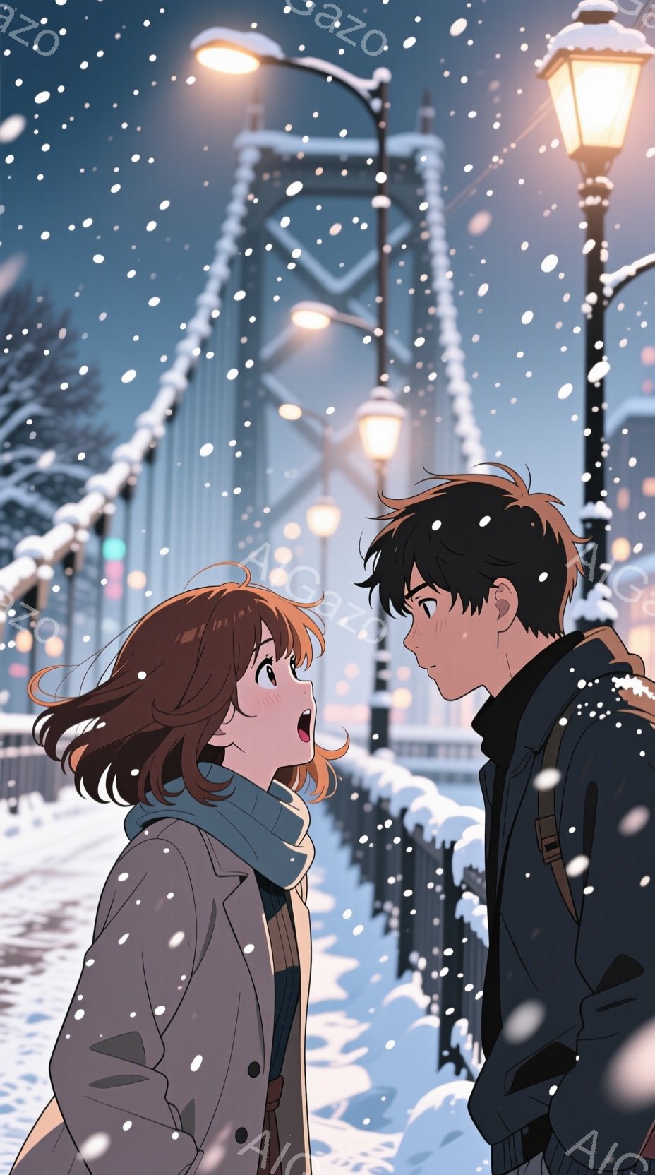 雪が降る冬の夜、街灯の光が二人の若者を照らしている。女性は茶色の髪を肩まで垂らし、青いスカーフを巻いており、驚いた表情をしている。男性は黒い髪で、黒いジャケットを着ており、女性を見つめている。背景には雪に覆われた橋と街灯が見え、静かな冬の夜の雰囲気が漂っている。