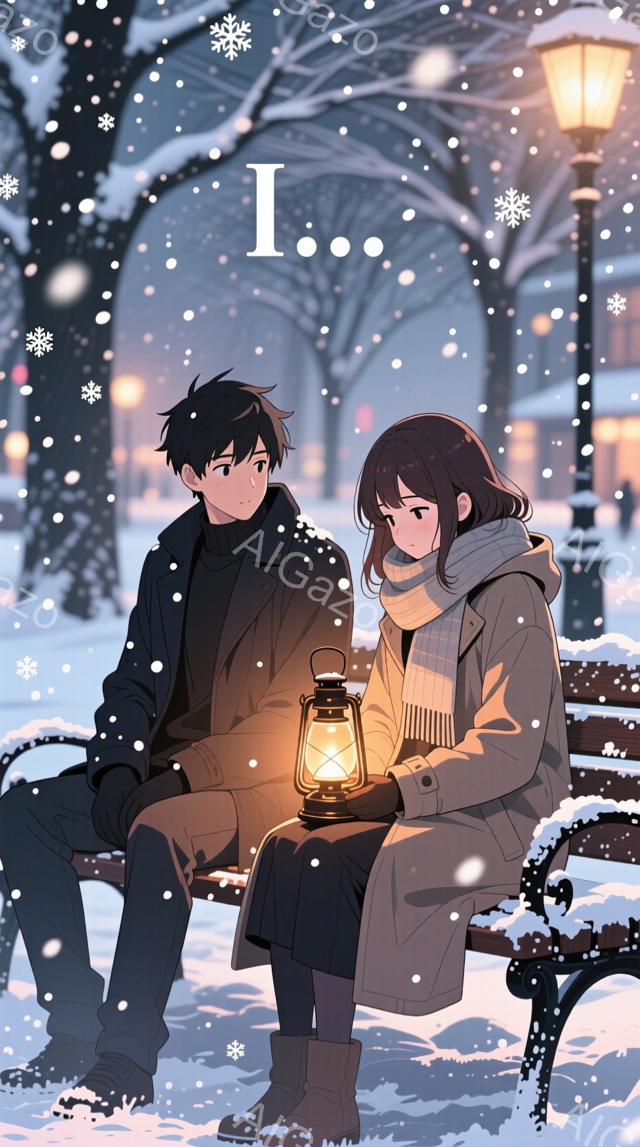 雪が降る公園のベンチに座っているカップルが描かれています。男性は黒いジャケットと黒いニット帽を着ており、女性は茶色の髪を肩長に切っています。女性は白いスカーフと茶色のコートを着ており、手には明かりが灯るランタンを持っています。二人は静かにベンチに座り、女性は男性を見つめています。背景には雪が積もった木々と街灯があり、雪が降る静かな冬の夜の雰囲気が漂っています。