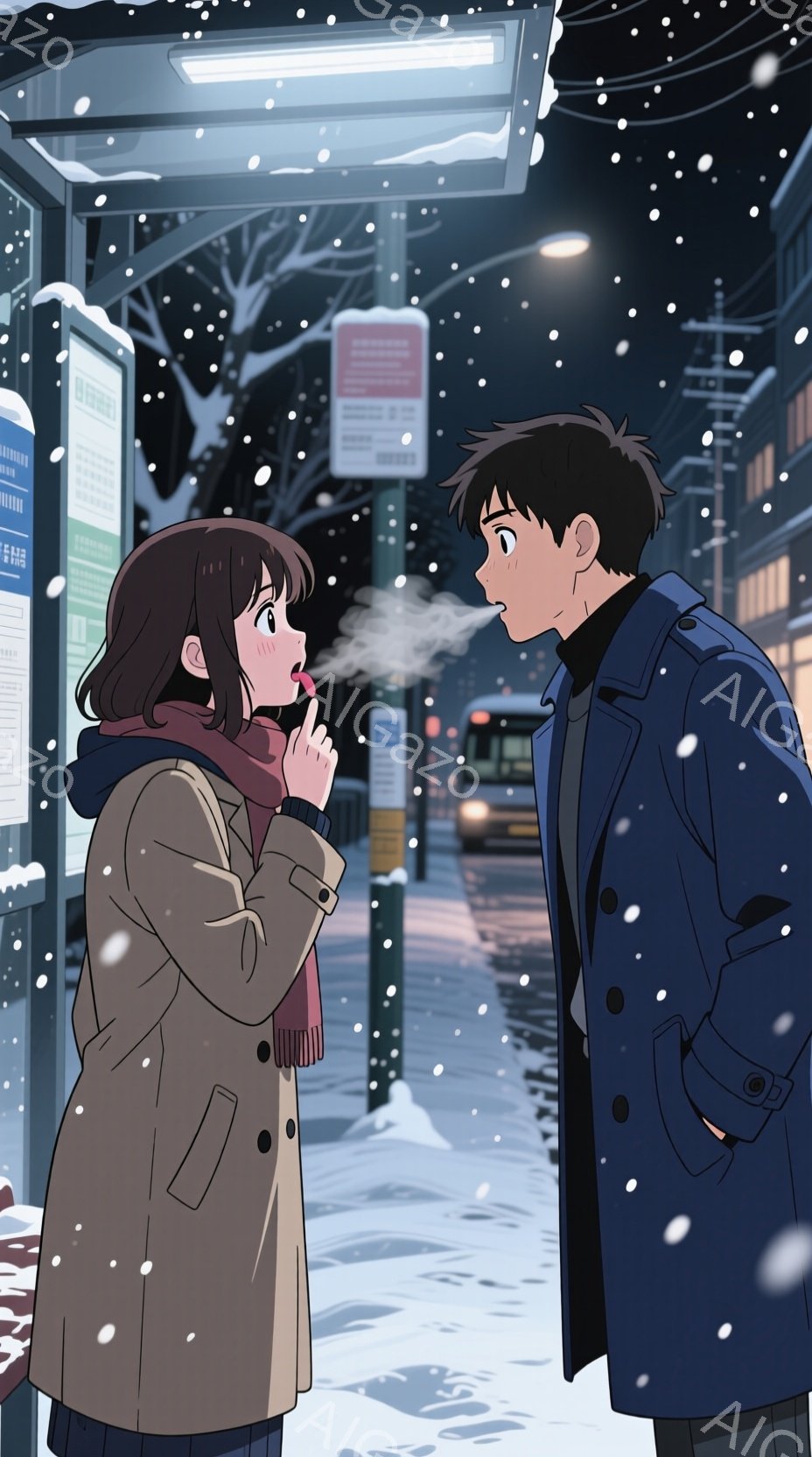 雪が降る夜の街角で、二人のキャラクターが会話をしている様子が描かれています。女性は茶色のコートと赤いスカーフを着ており、髪はショートカットです。男性は青いコートを着ており、髪は長めです。女性は舌を出すポーズをとり、男性は驚いた表情をしています。背景には雪が降り、街灯が光を放ち、電車が通り過ぎています。