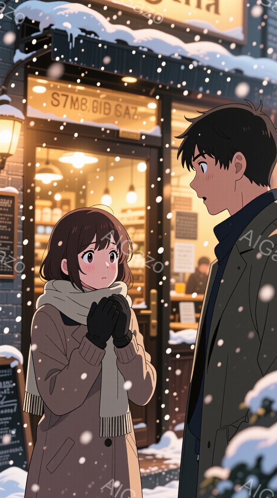 雪が降る冬の街角で、女性と男性が会話をしている様子が描かれています。女性は茶色のショートヘアで、目が大きく、赤らんだ頬が特徴的です。彼女は白いスカーフとグレーのコートを着ており、手袋をはめて手を暖めています。男性は黒髪で、茶色のコートを着ています。背景には雪に覆われた建物があり、その中には暖かい光が差し込んでいます。雪が降りしきり、静かな冬の雰囲気が漂っています。