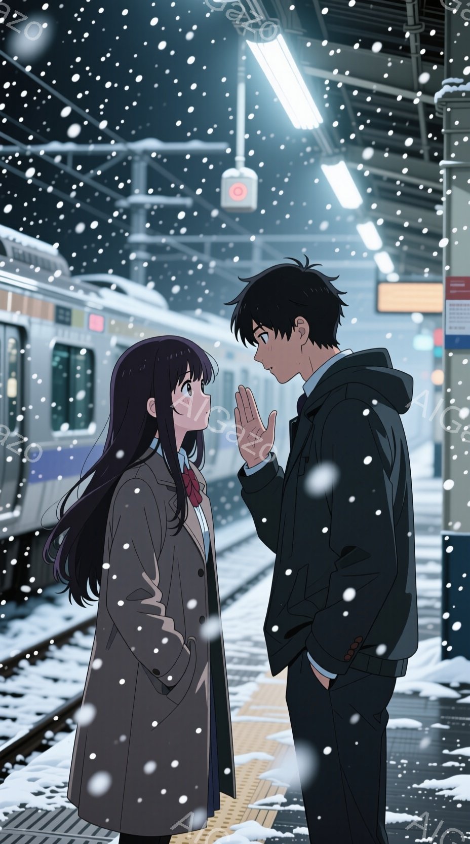 雪が降る駅のホームで、二人のキャラクターが対峙している。女性は長い黒髪と紺色のコートを着ており、男性は黒髪で黒いジャケットを着ている。女性は男性に向かって手を振っている。背景には雪が降り、電車が停車している。建物は現代的なデザインで、照明が明るく、雪の光が独特な雰囲気を作り出している。