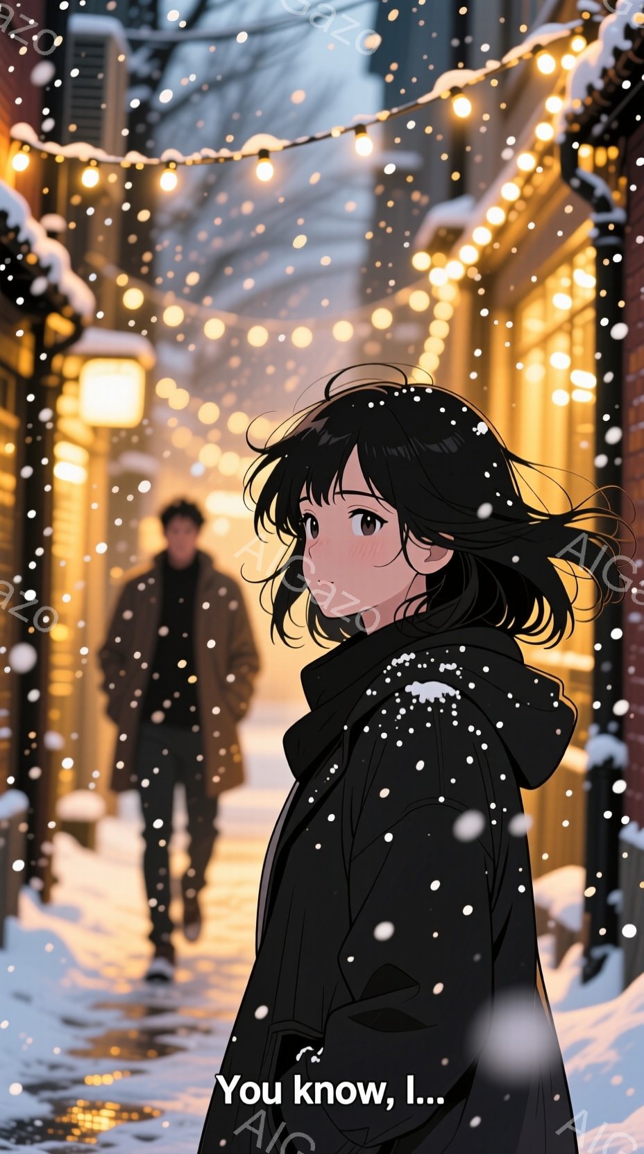 雪が降る通りに、二人のキャラクターがいます。女性は黒いコートを着ており、髪は長く黒く、雪が散りばめられています。男性は背中を向けており、黒いコートを着ています。背景には街灯があり、暖かい光が通りを照らしています。雪が降り、通りには雪が積もっています。