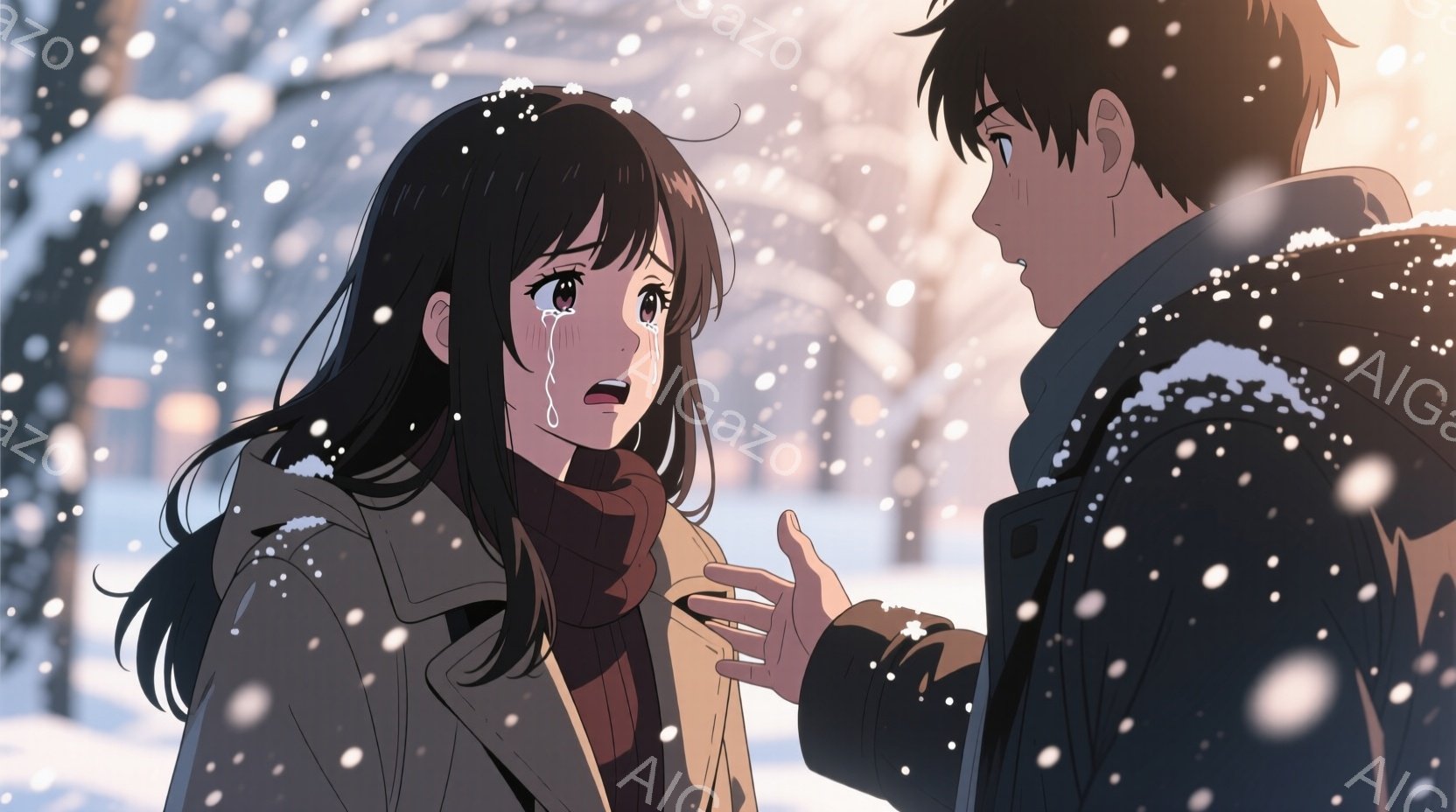 雪が降る冬の公園で、女性が男性に話しかけているシーン。女性は長い黒髪で、茶色のコートと赤いスカーフを着ており、涙を流している表情をしている。男性は黒髪で、黒いコートを着ており、女性の手を握ろうとしてい - AI生成フリー素材
