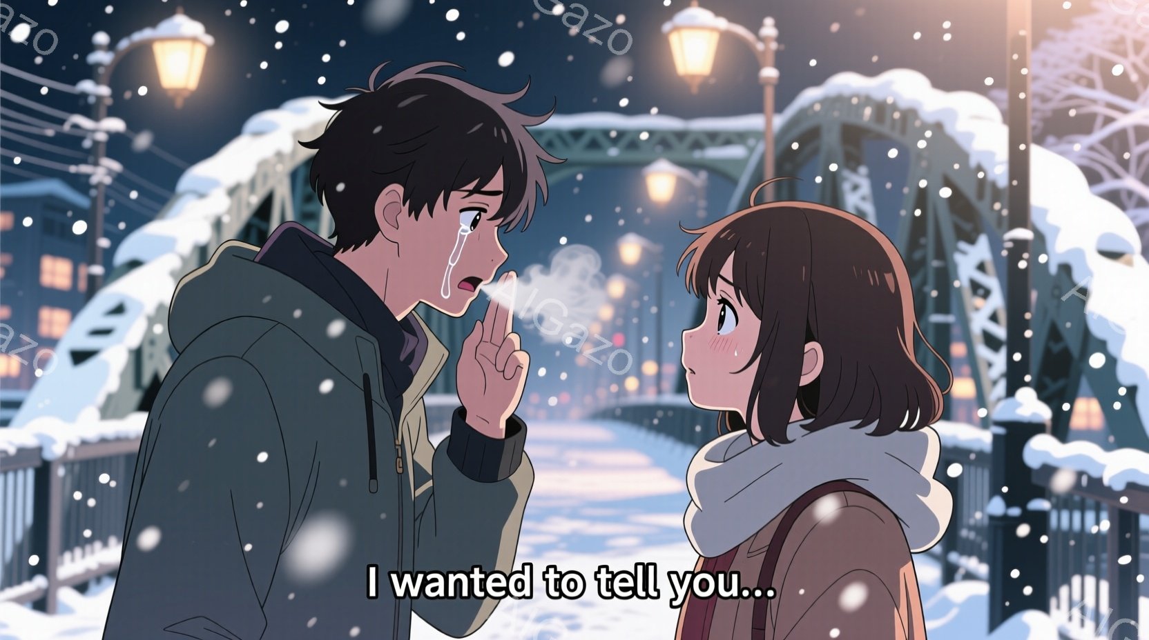 雪が降る冬の夜、街灯の光が暖かさを放つ。二人の若者が、雪に覆われた橋の上で会話をしている。男性は黒い髪で、青いジャケットを着ており、女性は茶色の髪で、白いフード付きのコートを着ている。男性は女性の手を握り、何かを伝えようとしている表情で、女性は少し驚いたような表情をしている。