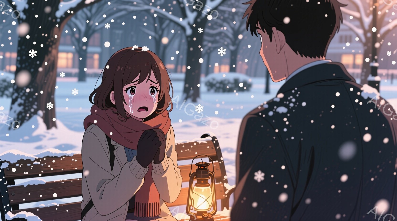 雪が降る公園のベンチに座っている女性が描かれています。彼女は赤いマフラーを巻き、寒さを防ぎながら手を暖めています。彼女の表情は少し悲しげで、涙を流しています。男性の後ろ姿が見えますが、顔は見えません。背景には雪に覆われた木々と建物があり、雪が降っている様子が描かれています。