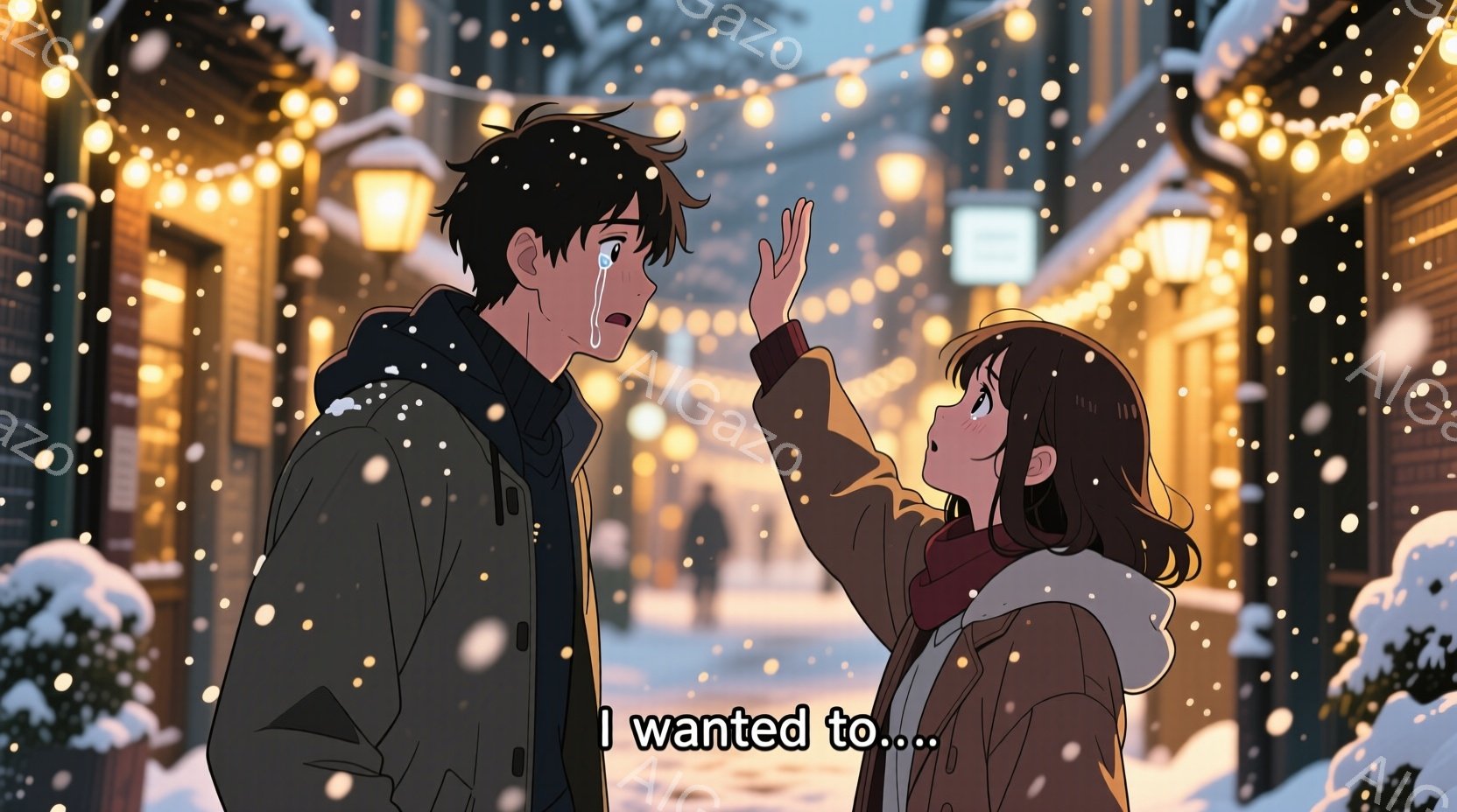 雪が降る冬の街角で、二人の若者が会話をしている様子が描かれています。男性は黒いジャケットを着ており、女性は茶色のジャケットと赤いスカーフを身にまとい、雪が降る中で手を振っています。男性は泣き顔で、女性は何かを話そうとしている表情です。