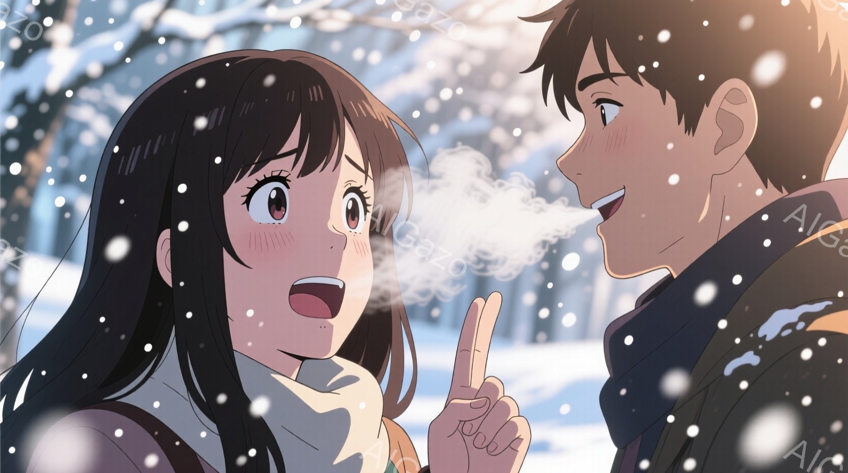 雪が降る冬の公園で、二人のキャラクターが会話をしている様子が描かれています。女性キャラクターは長い黒髪で、目が大きく、驚いた表情をしています。男性キャラクターは短い茶色の髪で、口元に白い息を吹き出して - AI生成フリー素材
