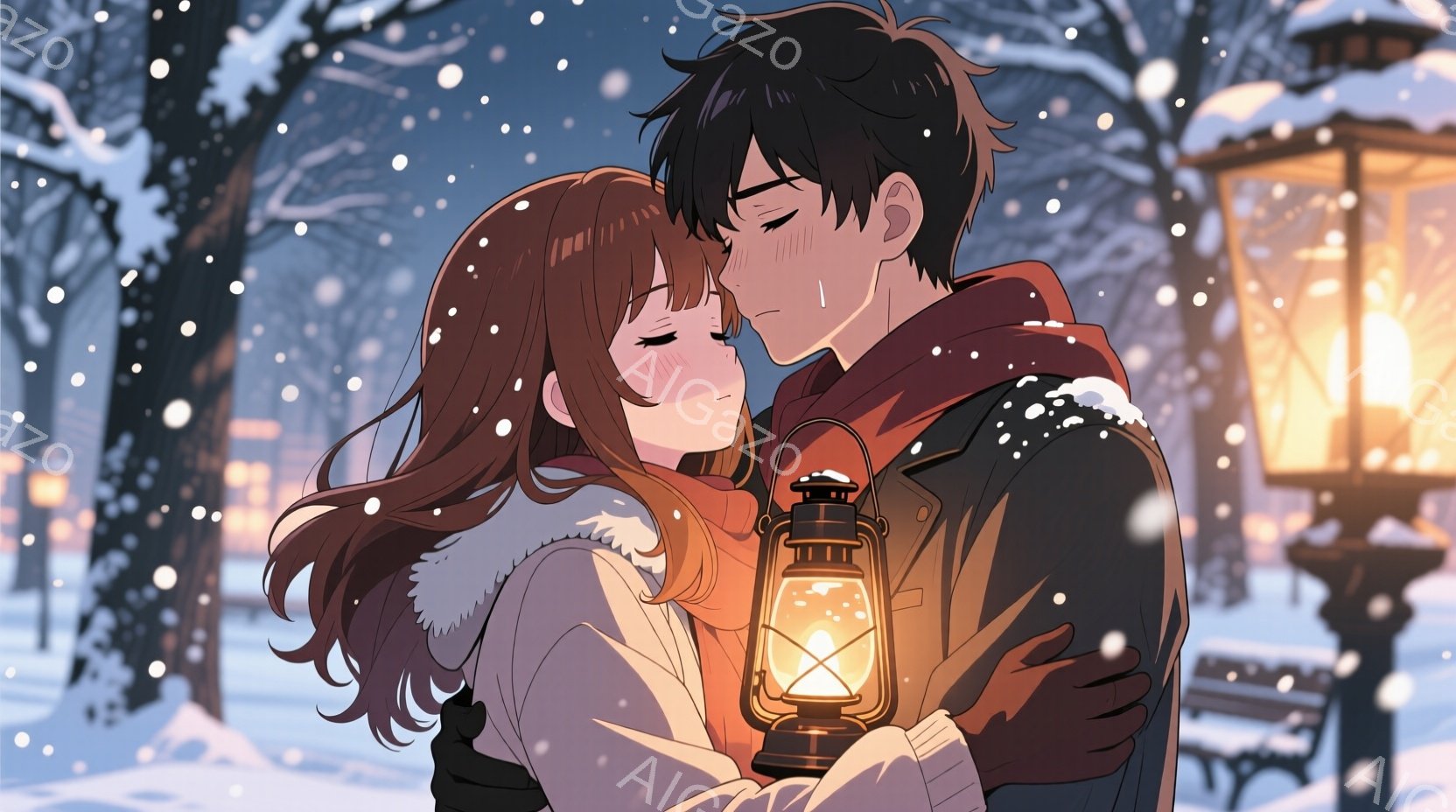 雪が降る冬の公園で、カップルが抱き合っている。男性は黒い髪で、女性は長い茶色の髪を持つ。男性は赤いフード付きのジャケットを着ており、女性は白いコートにフードを付けており、両者とも雪が降っている。男性は女性の頬にキスをし、女性は幸せそうに目を閉じている。背景には雪に覆われた木々と、暖かい光を放つ街灯が見え、静かな冬の夜の雰囲気を醸し出している。