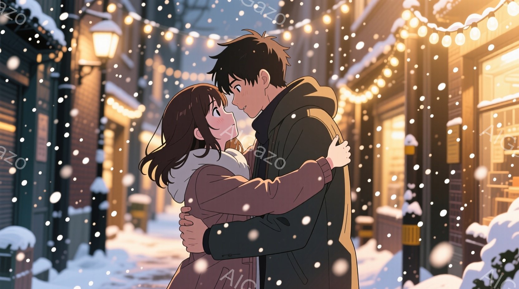 雪が降る冬の街角で、二人のカップルが抱き合っている。男性は黒いコートを着ており、女性は茶色のコートを着て、彼の肩に手を置いている。二人とも微笑んでおり、幸せそうな表情をしている。背景には雪に覆われた木々と街灯があり、暖かい光が建物の外壁に反射している。