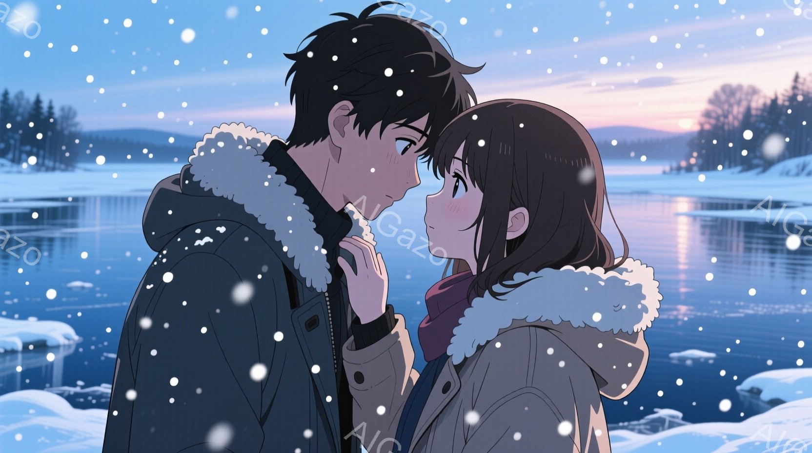 二人のキャラクターが雪の中で向かい合って立っています。男性は黒い髪で、女性は茶色の髪を肩まで伸ばしています。彼らはお互いを見つめ、微笑んでいるように見えます。背景には雪が降り、湖と遠くの木々が見えます。空は薄い青色で、雪が降る光景が美しく描かれています。