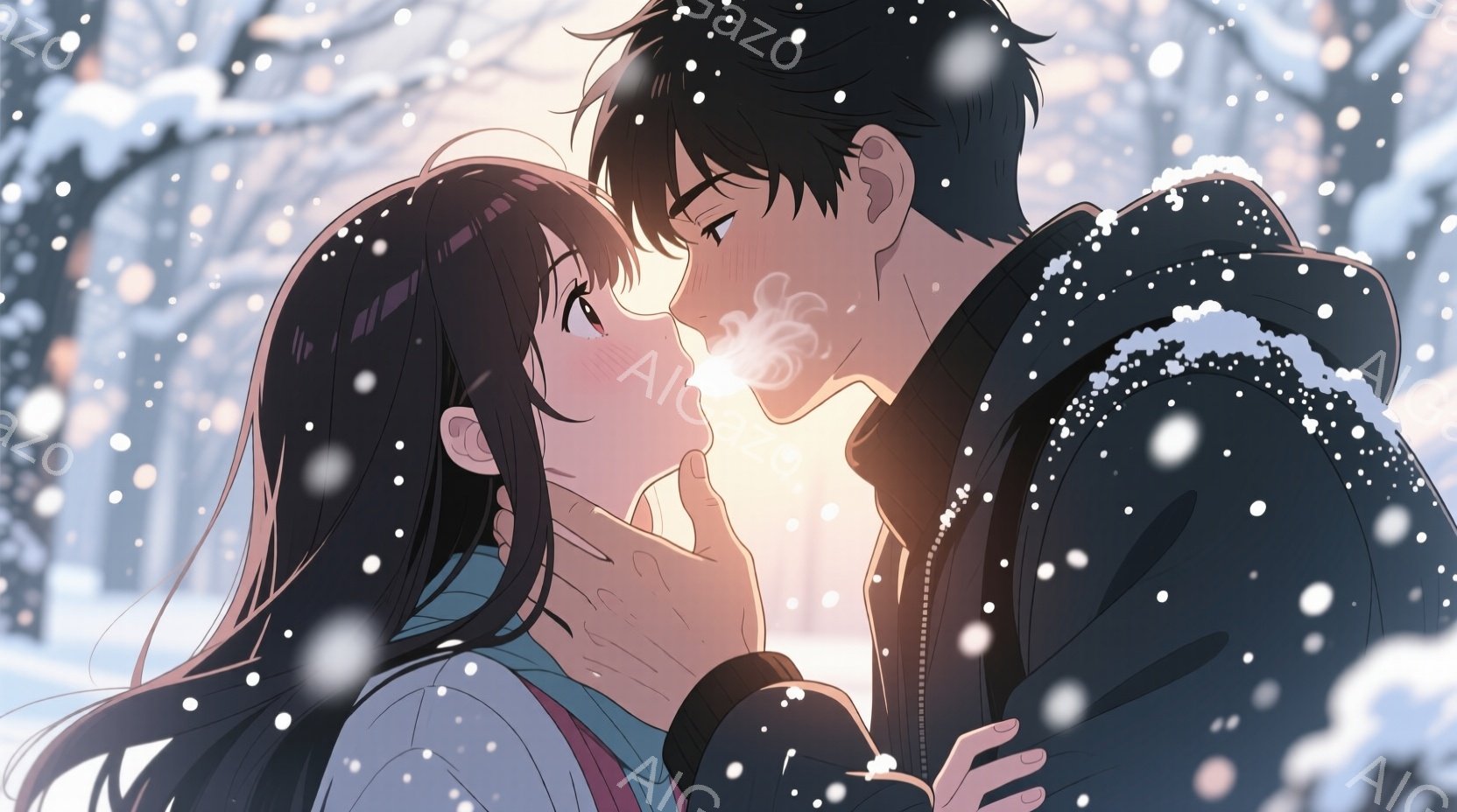 雪が降る冬の公園で、二人のカップルがキスをしている様子が描かれています。女性は長い黒髪で、男性は黒い髪をしています。女性は青い服を着ており、男性は黒いジャケットを着ています。二人はお互いに近づき、女性の頬に男性の手が置かれています。背景には雪が積もった木々が見え、雪が降っている様子が描かれています。