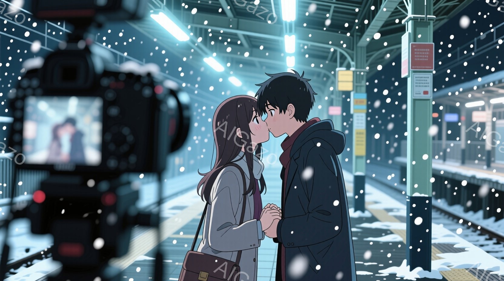 雪が降る駅のプラットフォームで、カップルがキスをしている様子が描かれています。女性は長い黒髪で、白いコートを着ており、男性は黒髪で、青いコートを着ています。二人は手を握り合い、お互いを深く見つめています。背景には雪が降り、駅の構造が見えます。照明は明るく、雪の光が独特な雰囲気を作り出しています。