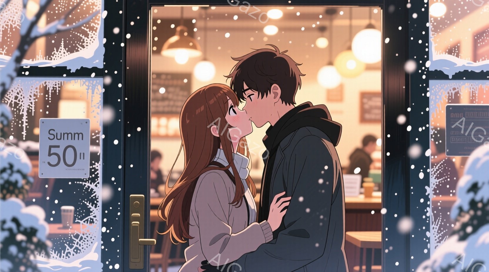 雪が降る冬の夜、二人のカップルがカフェの外で抱き合っている。女性は長い茶色の髪を持ち、男性は黒いジャケットを着ている。二人はお互いを深く見つめ、微笑んでいる。背景には雪が積もった木々と、暖かい光が差し込むカフェの内部が見える。