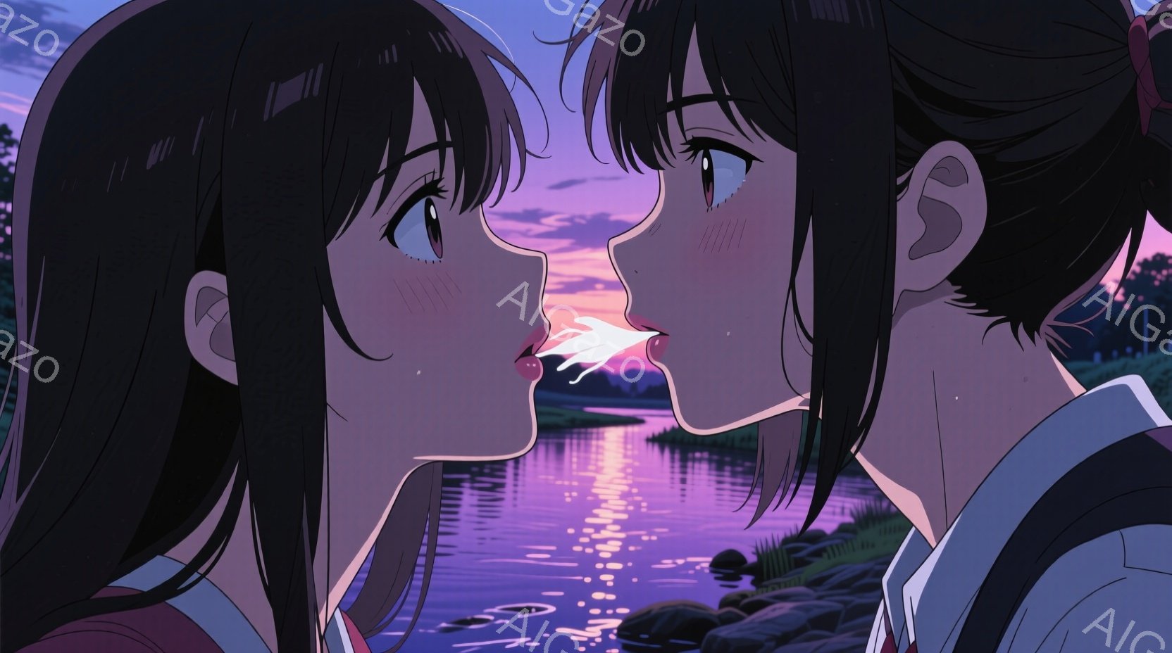 二人の女性が向かい合っており、夕焼けの空と湖が背景にある。一人は長い黒髪で、もう一人は短い黒髪で、両者は静かに互いを見つめている。表情は穏やかで、何かを語りかけようとしているように見える。