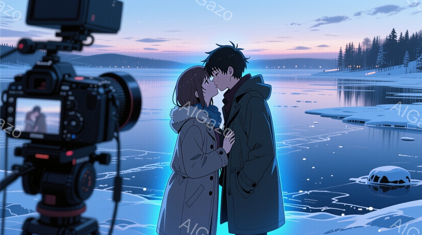 二人のキャラクターが湖のほとりでキスをしているシーンが描かれています。男性は黒い髪で、女性は短い黒髪です。彼らは冬のコートを着ており、女性はフード付きのコートを、男性はフードのないコートを着ています。背景には湖と遠くに木々が見え、夕暮れ時の空が青と紫のグラデーションで描かれています。前景にはカメラが設置されており、その画面には二人のキャラクターが映っています。