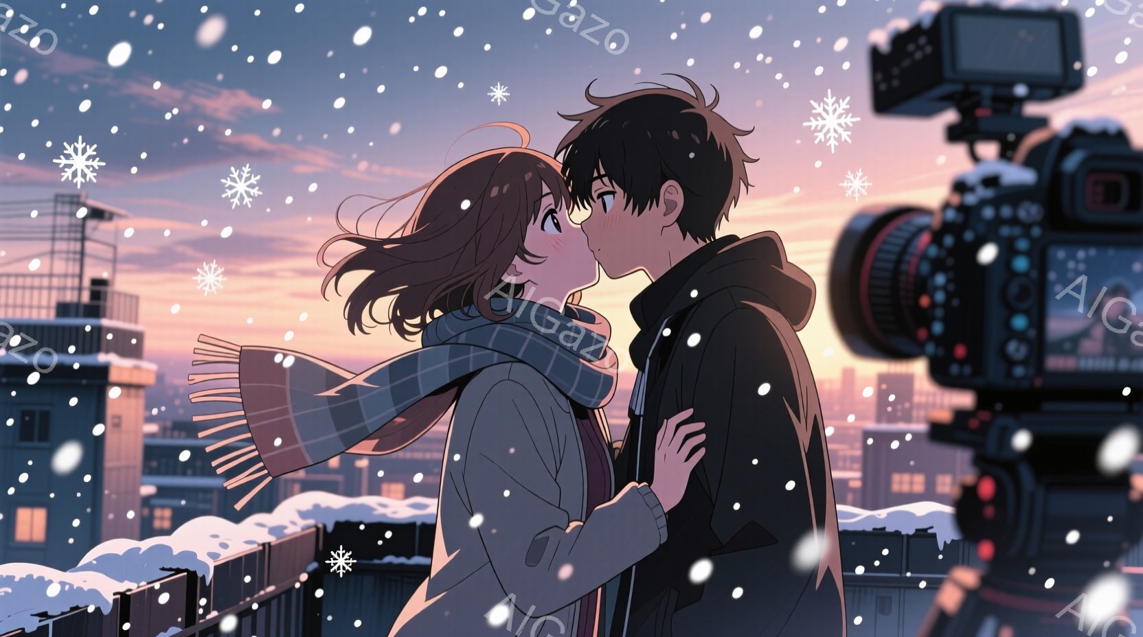 雪が降る冬の夕暮れ時、二人の若者が屋上で抱き合っている。女性は長い茶色の髪と青いスカーフを身につけ、男性は黒いジャケットを着ている。二人はお互いを見つめながら微笑んでおり、温かい雰囲気が漂っている。背景には雪に覆われた建物と夕焼けの空が広がり、雪の結晶が空を飾っている。