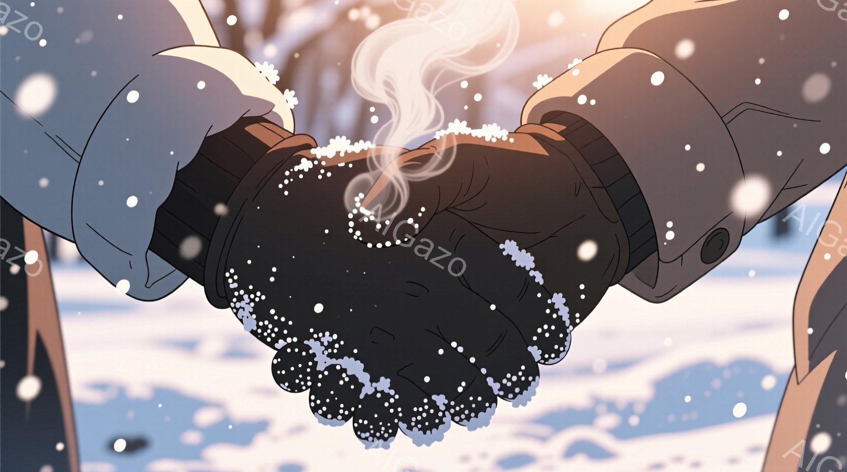手袋をした手が握り合っている様子が描かれています。背景には雪が降り、手の上には雪が積もっています。手袋の色は黒と灰色で、手の動きは静かで優しく、互いに暖かさを伝え合うような印象を与えます。全体的に冬の寒さと暖かさの対比が感じられます。