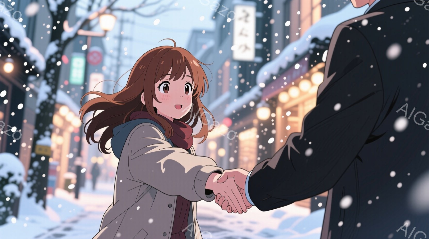雪が降る通りで、女性が男性と握手している様子が描かれています。女性は長い茶色の髪を持ち、笑顔で目を大きく見開いています。彼女は灰色のコートと赤いマフラーを着ており、寒さを防ぎます。男性の姿は一部しか見えませんが、彼は黒いジャケットを着ています。背景には雪に覆われた木々や建物があり、街灯が暖かい光を放っています。