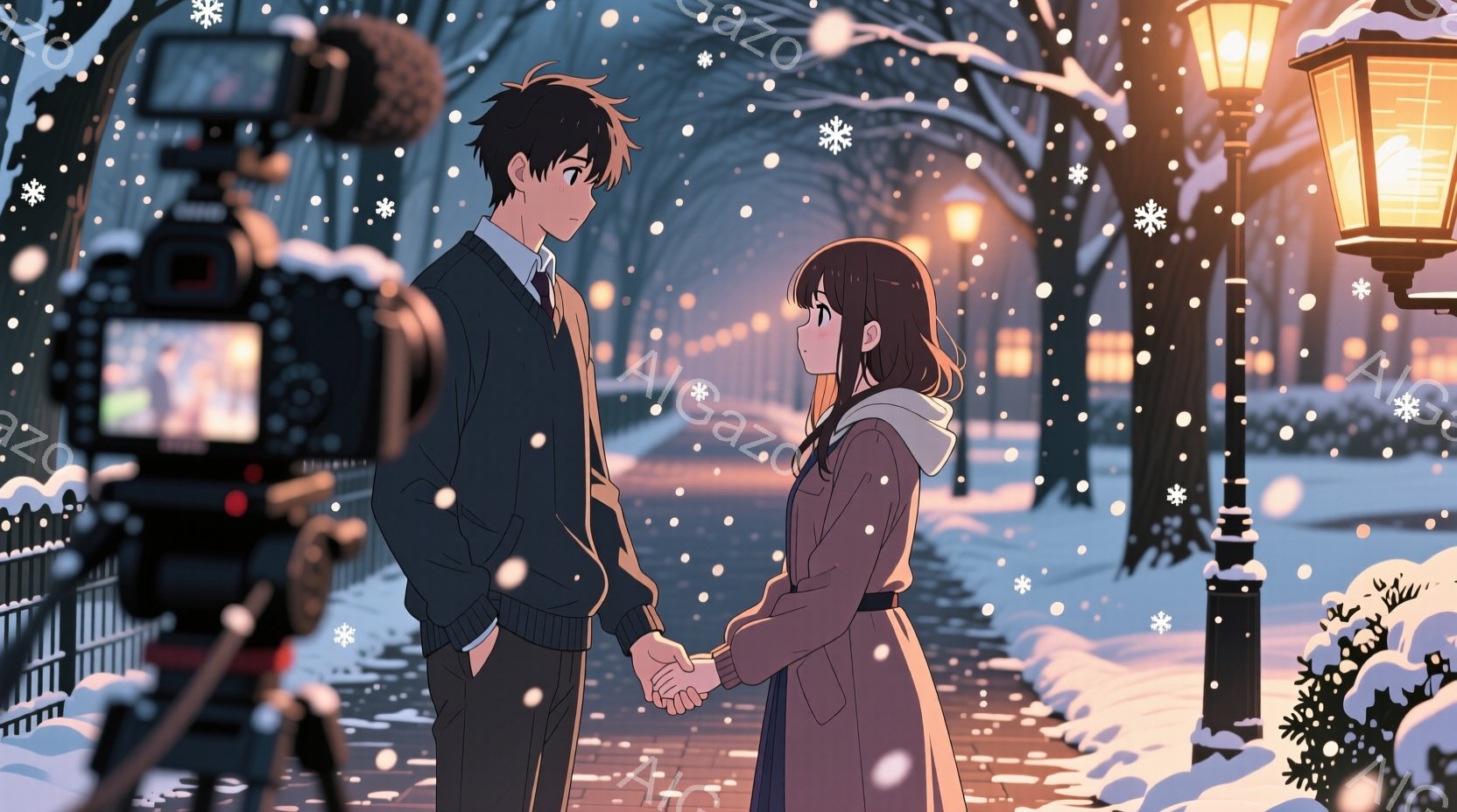 雪が降る冬の公園で、カップルが手を握り合っている様子が描かれています。男性は黒いジャケットにベージュのセーターを着ており、女性は茶色のコートを着ています。二人とも微笑んでおり、温かい雰囲気があります。背景には雪に覆われた木々と街灯があり、暖かい光が灯っています。