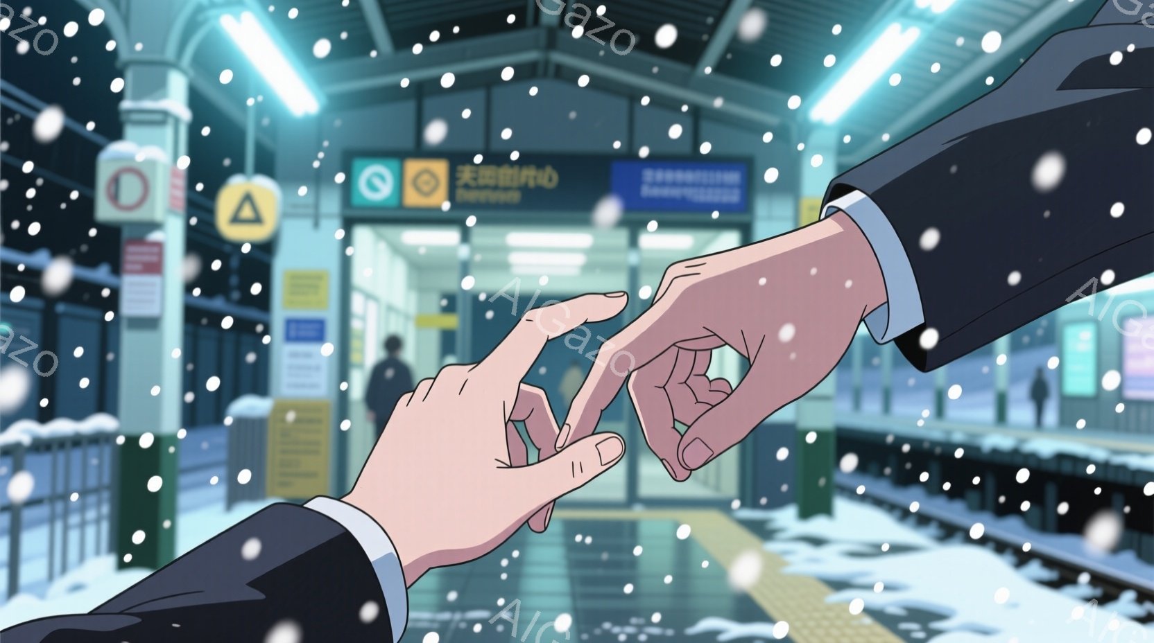雪が降る駅のプラットフォームで、二人の手が触れ合うシーンが描かれています。男性の手は黒いジャケットを着ており、女性の手は白いブラウスを着ています。背景には駅の看板や柱があり、雪が降っている様子が描かれています。