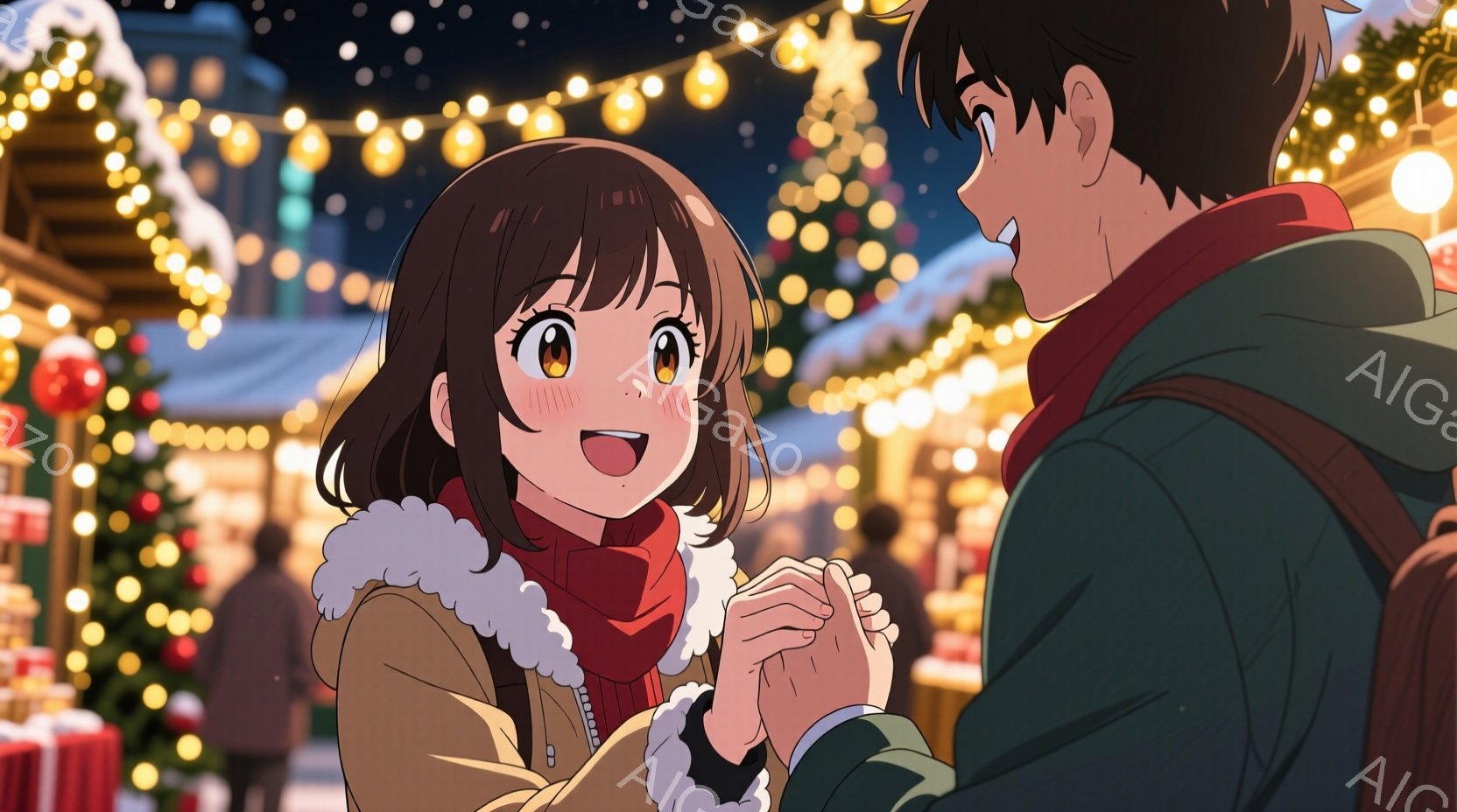 右側の男性は緑色のジャケットを着ており、背中には茶色のリュックサックを背負っている。左側の女性は茶色のショートヘアで、赤いスカーフと白いフリルの付いた茶色のコートを着ている。彼女は明るい表情をしており、目を大きく見開いて話している様子が伺える。背景にはクリスマスツリーと街灯が点灯しており、雪が降っている。建物は木造で、暖かい雰囲気を醸し出している。
