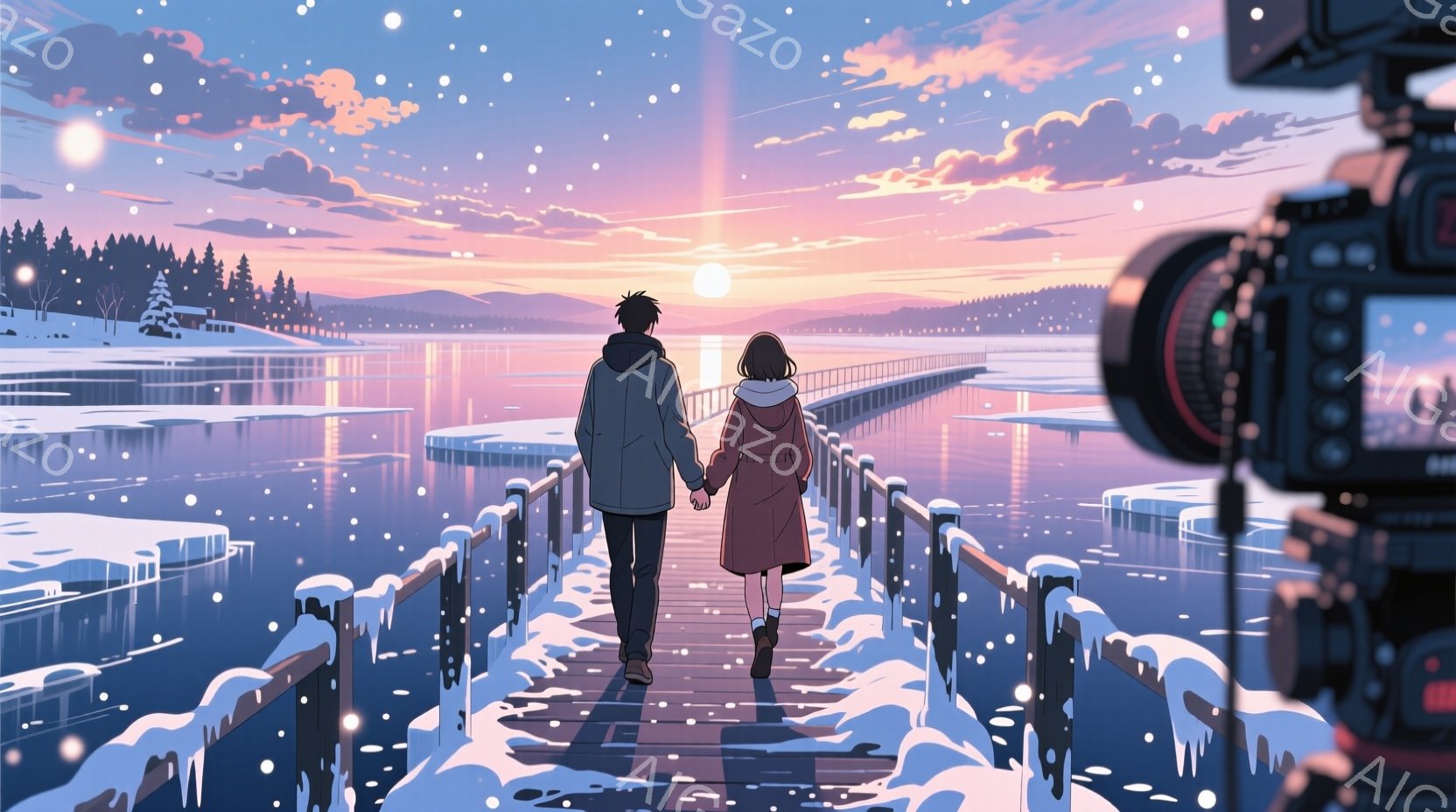 冬の風景の中で、雪に覆われた橋を歩くカップルが描かれています。男性は青いコートを着ており、黒い髪を長く伸ばしています。女性は茶色のコートを着ており、短い髪です。二人は手をつないでおり、遠くに見える夕日が彼らの後ろを照らしています。背景には雪に覆われた木々と遠くに見える山々が見えます。空には星が散りばめられ、静かな冬の夜の雰囲気を演出しています。