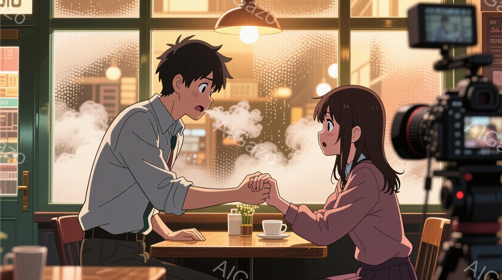 二人のキャラクターがカフェのテーブルで手を握っているシーンです。男性は灰色のシャツを着ており、黒い髪が少し立っています。女性は紫色のジャケットを着ており、茶色の髪が肩にかかる長さです。二人とも驚いた表 - AI生成フリー素材