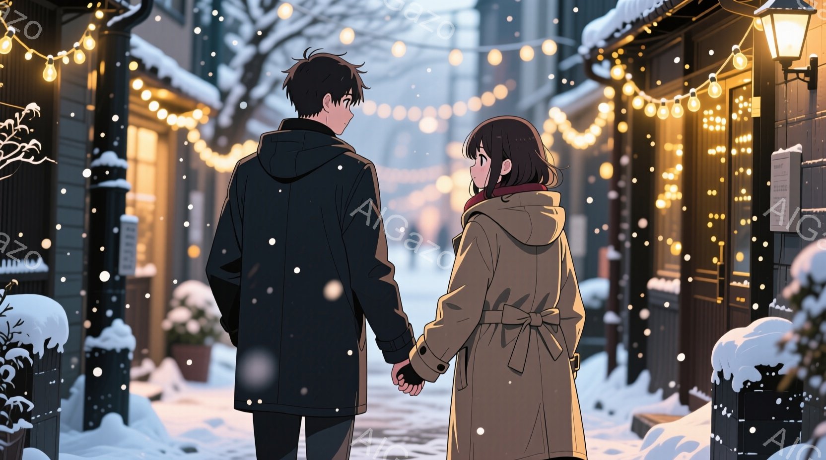 雪が降る冬の街角で、カップルが手をつないで歩いている。男性は黒いコートを着ており、女性は茶色のコートを着て、両者は微笑んでおり、お互いを見つめている。背景には雪に覆われた木々と街灯があり、建物の外壁には黄色いランプが飾られている。雪が静かに降り、暖かい光が街を照らしている。