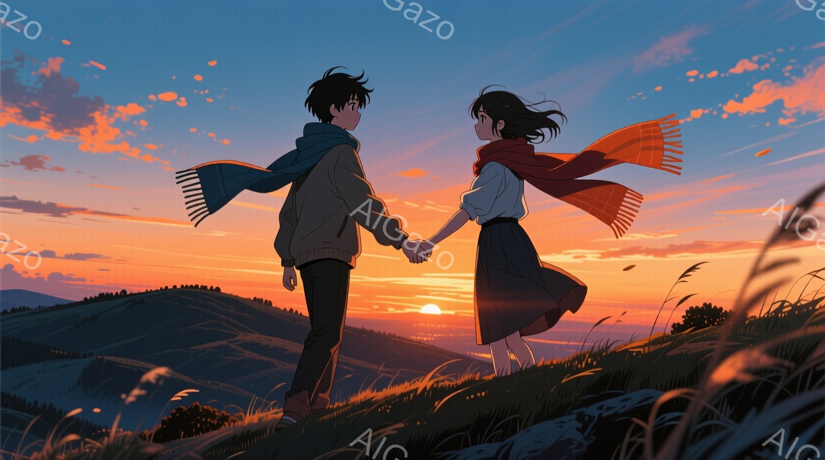 二人のキャラクターが夕焼けの空を背景に手をつないで歩いている。男性はカジュアルなジャケットとパンツを着ており、女性はスカートとシャツを着て、両者とも暖かいスカーフを巻いている。彼らの髪は風にそよがっており、女性の髪は長く、男性の髪は少し長め。二人とも微笑んでおり、幸せそうに見える。
