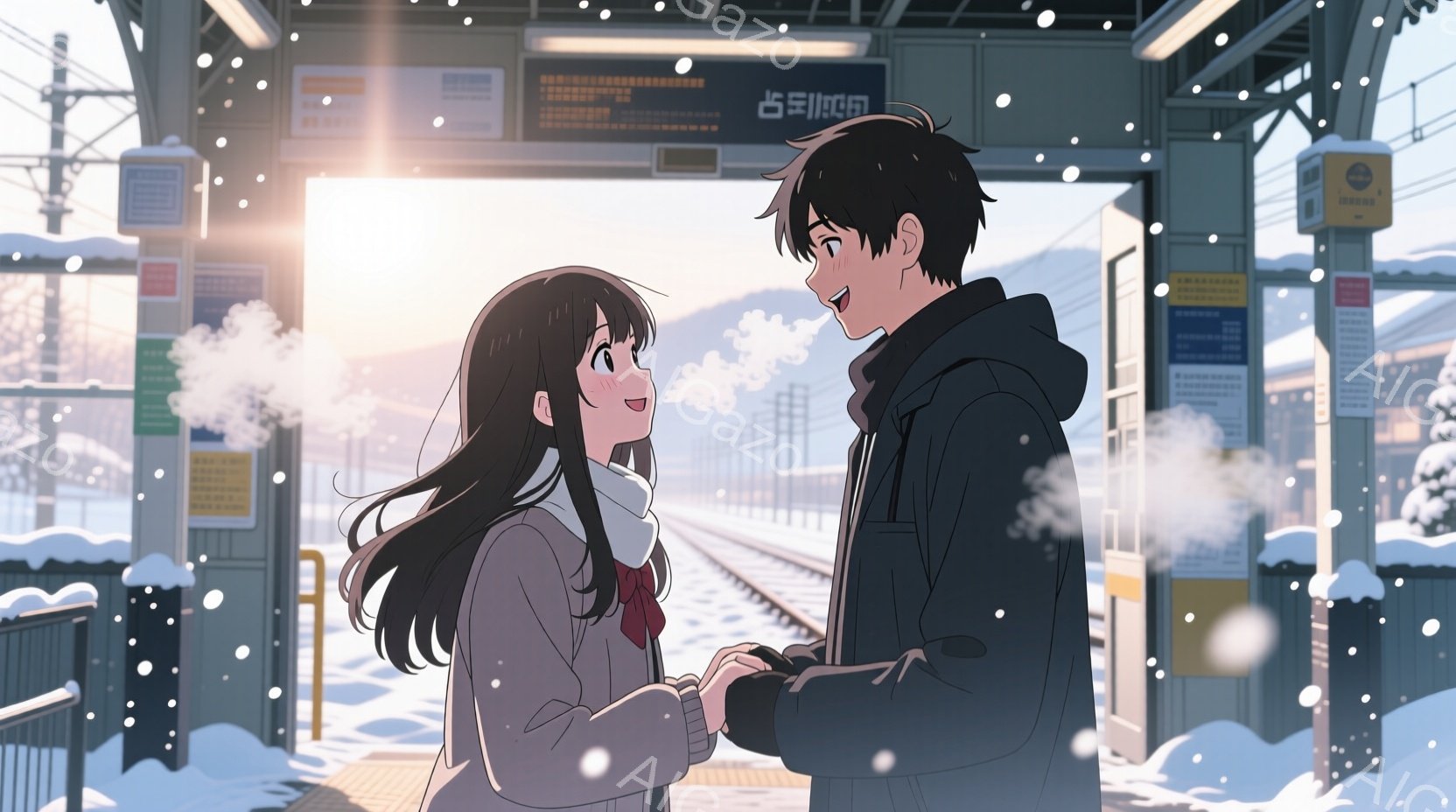 雪が降る駅のプラットフォームで、二人の若者が手を握りながら話している。女性は長い黒髪で、学生服を着ており、笑顔で男の子を見上げている。男性は黒髪で、コートを着ており、女性の話を楽しんでいるように見える。背景には雪に覆われた木々と駅の建物があり、夕日が光を放っている。