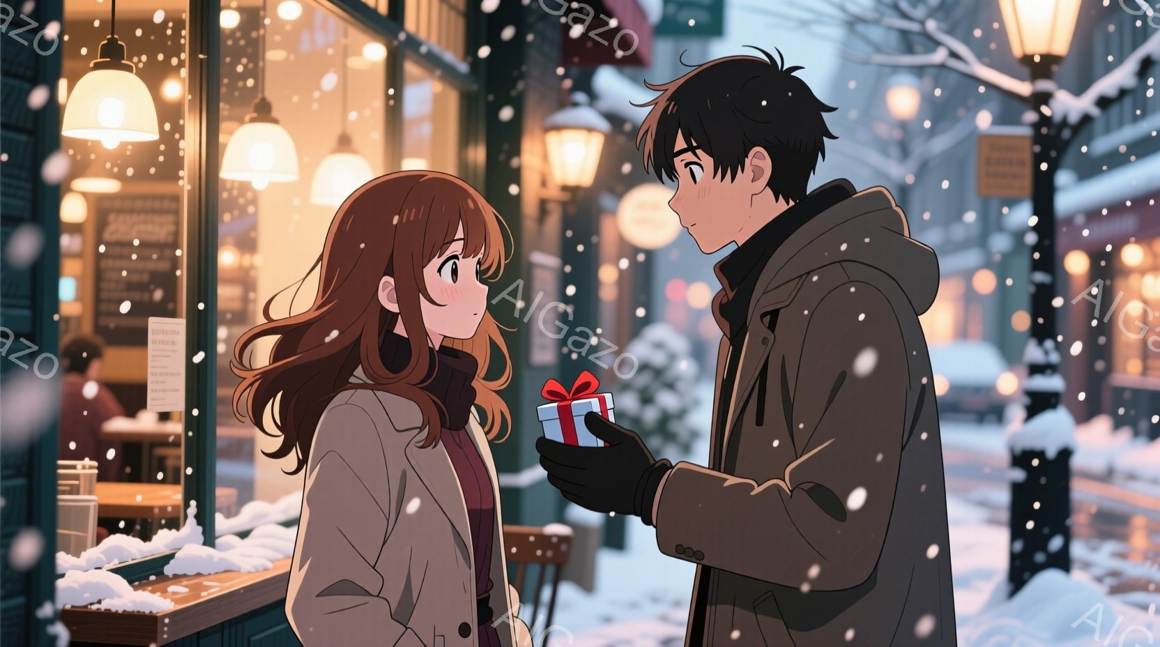 雪が降る冬の街角で、男性と女性が会話をしている様子が描かれています。男性は黒い髪で、茶色のコートを着ており、手袋をはめています。女性は長い茶色の髪で、ベージュのコートを着ており、赤いリボンが付いた小さな箱を持っています。二人は互いに向き合っており、女性は驚いたような表情を浮かべています。背景には雪が積もった木々や街灯があり、暖かい光が建物の窓から漏れ出ています。
