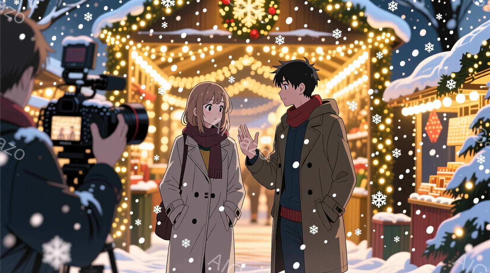 雪が降る冬の夜、明るいクリスマスの飾りが施された屋台の前で、二人のキャラクターが会話をしている。女性は茶色の髪を肩長に切っており、茶色のコートと赤いスカーフを着用している。男性は黒い髪で、茶色のコートと赤いスカーフを着ており、女性に手を振っている。左側にはカメラマンがおり、二人を撮影している。背景には雪に覆われた木々と、暖かい光を放つクリスマスの飾りが見え、雪が降っている。