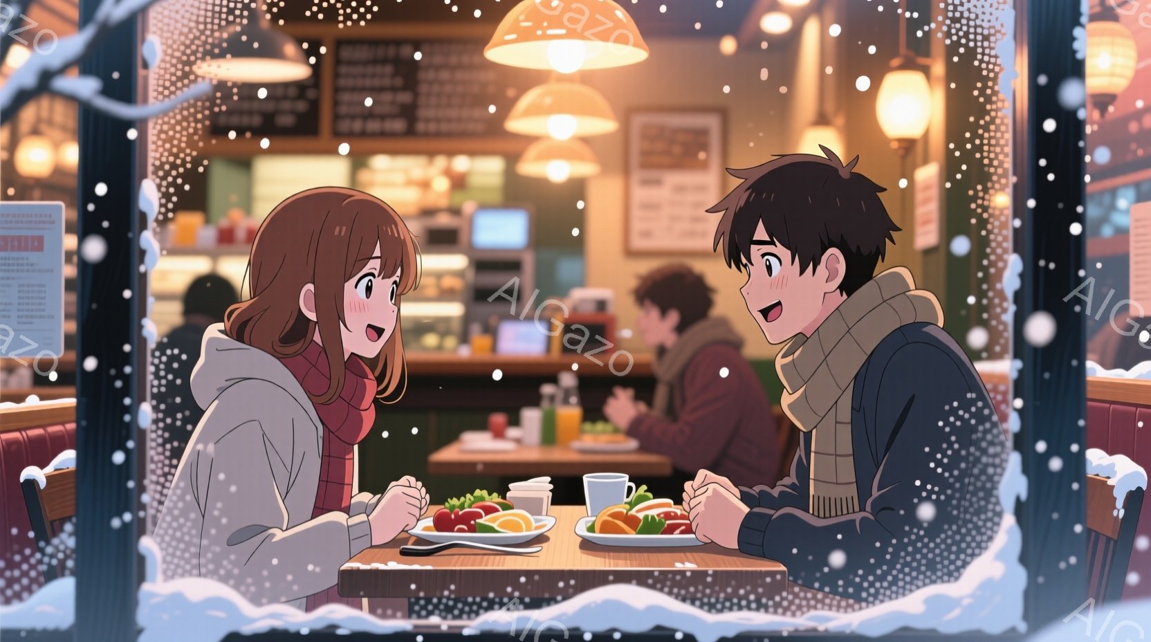 二人のキャラクターがカフェで会話をしている様子が描かれています。女性は長い茶色の髪で、白いフード付きのジャケットと赤いスカーフを着ており、笑顔で話しています。男性は黒い髪で、茶色のスカーフと黒いジャケットを着ており、女性を見つめながら話しています。背景には雪が降り積もった外観と、暖かい照明が点在するカフェの内装が見えます。テーブルには野菜と果物の盛り合わせが置かれています。