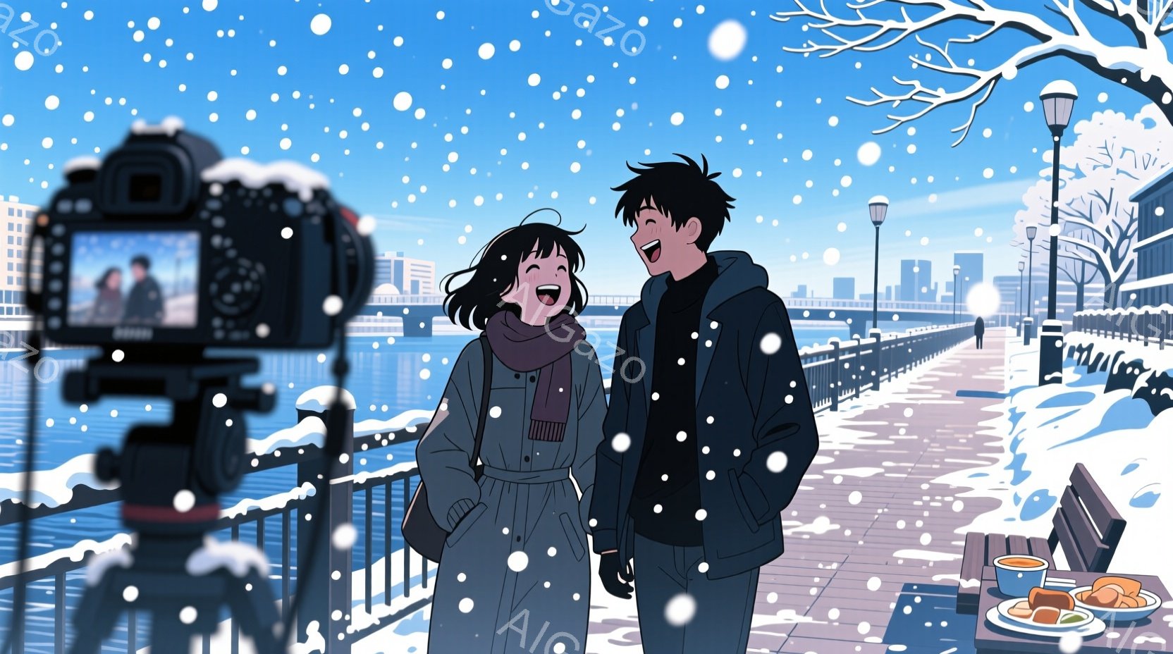 雪が降る冬の公園で、カップルが写真を撮っている様子が描かれています。女性は長い黒髪で、青いコートと紫色のスカーフを着ており、笑顔で男性を見ています。男性は黒髪で、黒いジャケットを着ており、女性を見つめながら笑っています。前景にはデジタル一眼レフカメラが設置されており、カップルが写っている様子が画面に映っています。背景には雪に覆われた木々や街灯、遠くに建物が見えます。