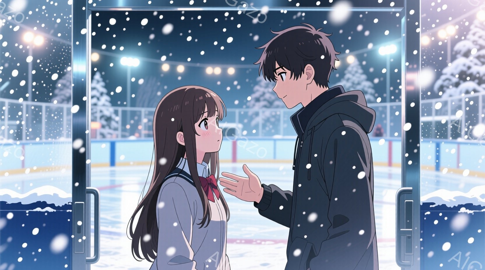 雪が降る夜の屋外で、二人のキャラクターが会話をしている様子が描かれています。女性キャラクターは長い黒髪で、セーラー服を着ており、赤いリボンが特徴的です。男性キャラクターは黒いジャケットを着ており、手を広げて何かを説明しているように見えます。背景には雪が積もった木々と、明かりが点在する建物が見えます。