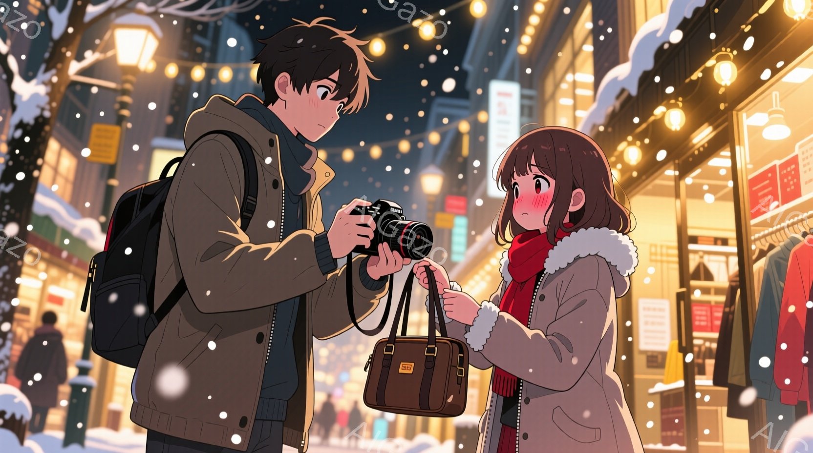 雪が降る夜の街角で、男性と女性が写真を撮っている様子が描かれています。男性はカジュアルなジャケットとバックパックを身につけ、女性は冬服を着ており、赤いスカーフを巻いています。二人は互いに写真を見ながら - AI生成フリー素材