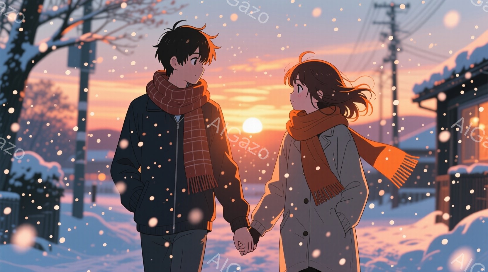 二人のキャラクターが手をつないで歩いている様子が描かれています。男性は黒いジャケットに赤いチェック柄のスカーフを巻き、女性はグレーのコートにオレンジ色のスカーフを着用しています。彼らの髪は風に吹かれているように見え、表情は穏やかです。背景には雪が降り、夕焼けの空が美しく描かれており、電柱や木々も見えます。