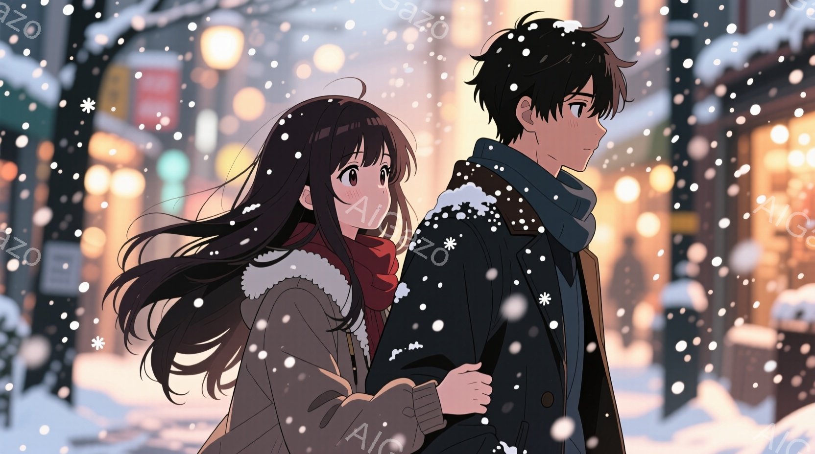 雪が降る街角で、二人のキャラクターが並んで歩いている。女性は長い黒髪で、赤いスカーフを巻き、茶色のコートを着ている。男性は黒髪で、青いスカーフと黒いコートを着ており、背中を向けて歩いている。二人とも微笑んでおり、女性は男性を見つめている。背景には雪が積もった木々や建物があり、街灯の光が温かみのある雰囲気を作り出している。