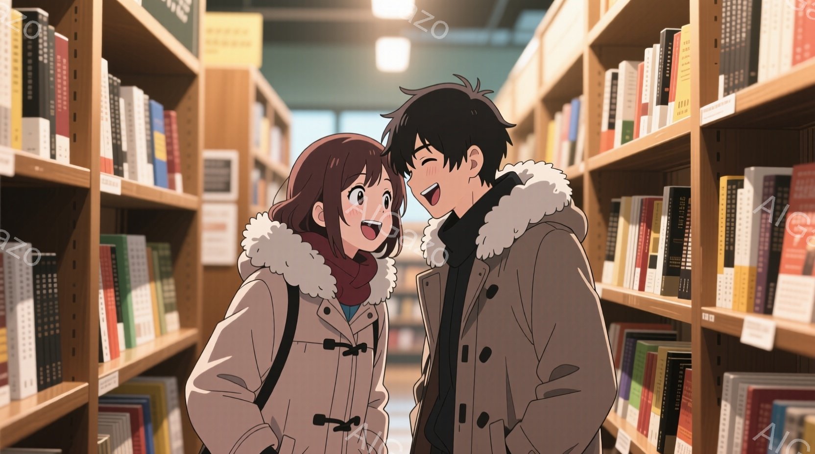 二人のキャラクターが図書館の本棚の間で会話をしている様子が描かれています。女性は茶色の髪を肩長に切っており、白いフード付きのコートを着ています。男性は黒い髪で、茶色のコートを着ており、女性の顔を近づけて話しているように見えます。背景には多くの本棚があり、本が整然と並べられています。照明は柔らかく、温かみのある雰囲気を作り出しています。