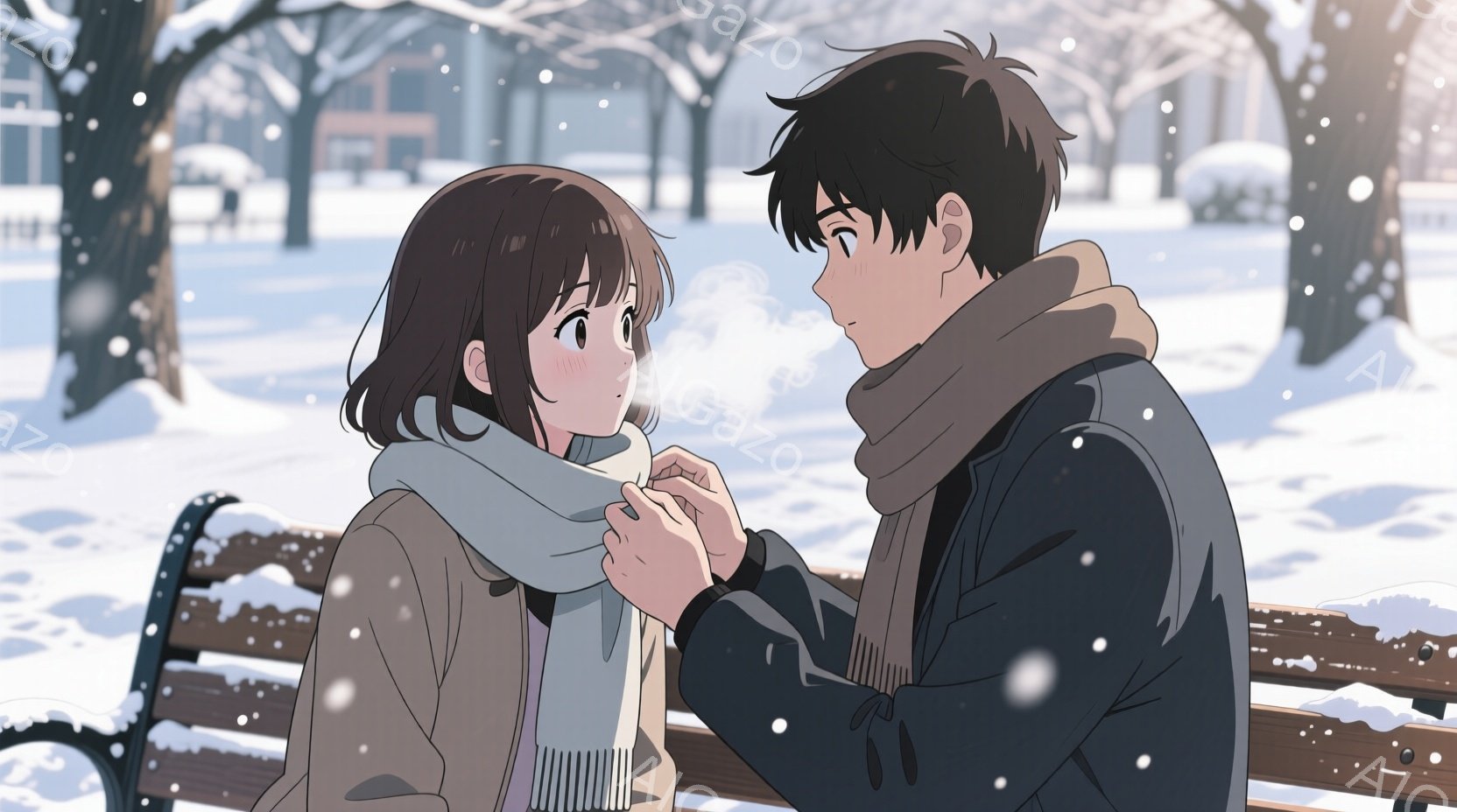 雪が降る公園で、二人のキャラクターがベンチに座っている。女性は茶色の髪で、灰色のスカーフを巻いており、男性は黒い髪で、茶色のスカーフを巻いている。女性は少し赤らんだ顔をしており、男性は女性のスカーフを整えている。背景には雪に覆われた木々とベンチが見え、遠くには建物が見える。