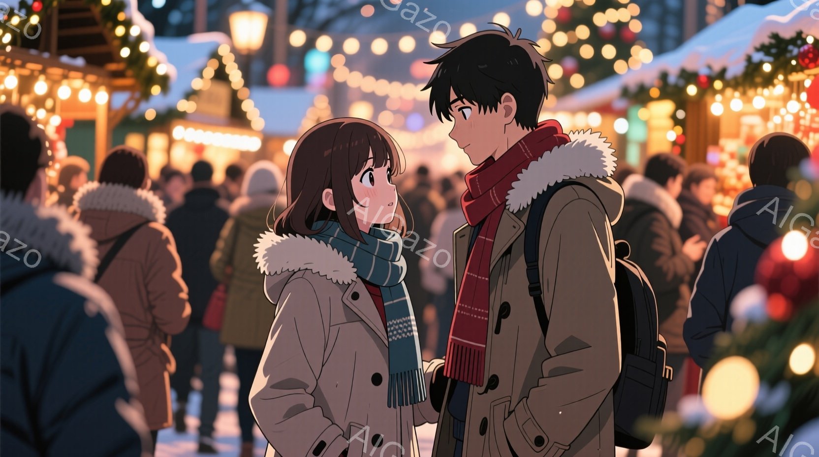 二人のキャラクターがクリスマスマーケットで会話をしている様子が描かれています。女性は茶色のショートヘアで、青いスカーフとベージュのコートを着ており、男性は黒い髪で、赤いスカーフとベージュのコートを着ています。背景には多くの人々がおり、クリスマスツリーと装飾が施された建物が見えます。夜の光景で、街灯や装飾灯が暖かい光を放っています。