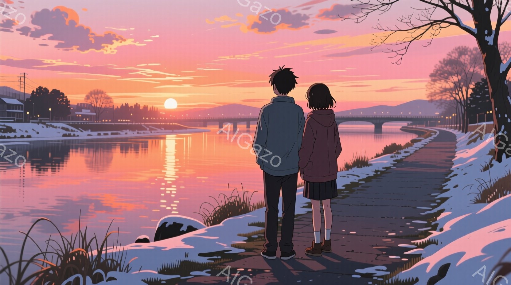 二人のキャラクターが夕日を背景に川沿いの道を歩いている。男性は灰色のジャケットと黒いズボンを着ており、女性は紫色のフード付きジャケットと黒いスカートを着ている。二人とも後ろ向きで、静かな表情をしている - AI生成フリー素材