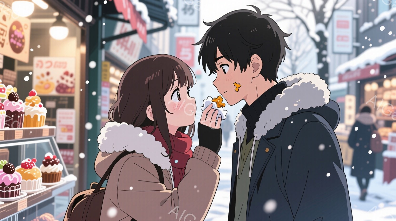 雪が降る冬の街角で、カップケーキを並べた店の前で、二人のキャラクターが会話をしている様子が描かれています。女性は茶色の髪を肩まで長く伸ばし、赤いスカーフと茶色のコートを着ており、男性は黒い髪を長く伸ばし、白いフード付きの黒いジャケットを着ています。女性は男性の口元に近づき、男性は女性の口元に近づきながら、お互いに食べ物を分け合うような仕草をしています。背景には雪が降り、店の看板や建物が見え、冬の静かな雰囲気が漂っています。