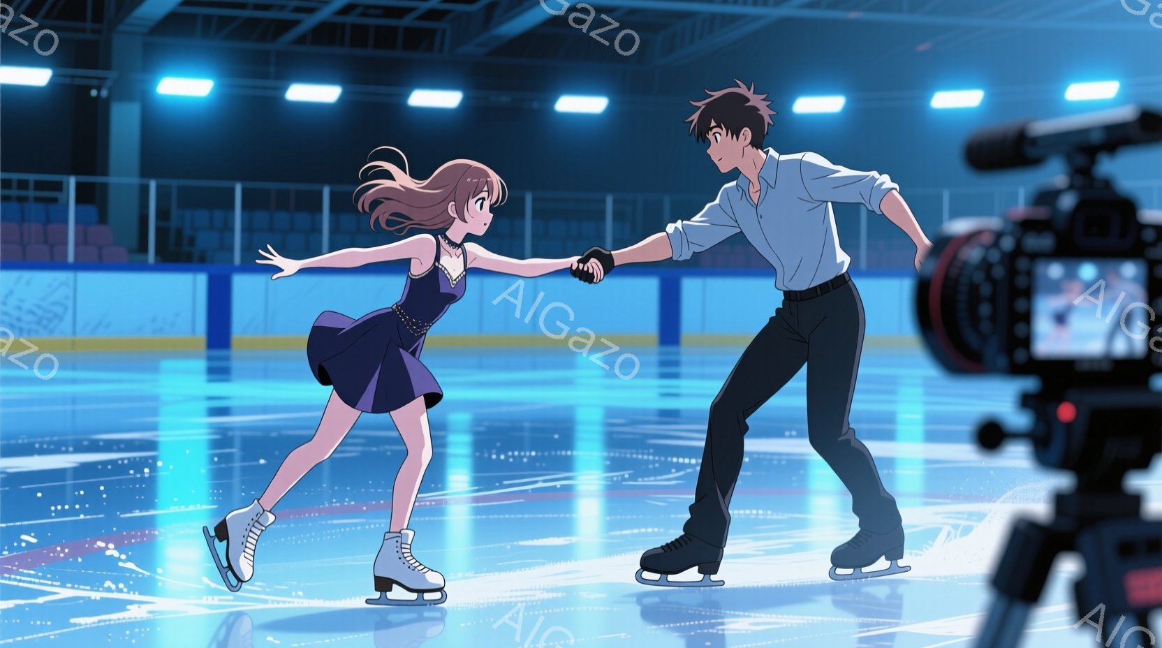 アニメのシーンで、アイススケートリンクでカップルが演技している様子が描かれています。女性は紫色のドレスを着ており、髪は長く、風になびいています。男性は青いシャツと黒いパンツを着ており、両手を伸ばして女性を支えています。背景には青い照明が点在し、観客席も見えます。カメラが二人を撮影しており、その映像が画面右側に表示されています。