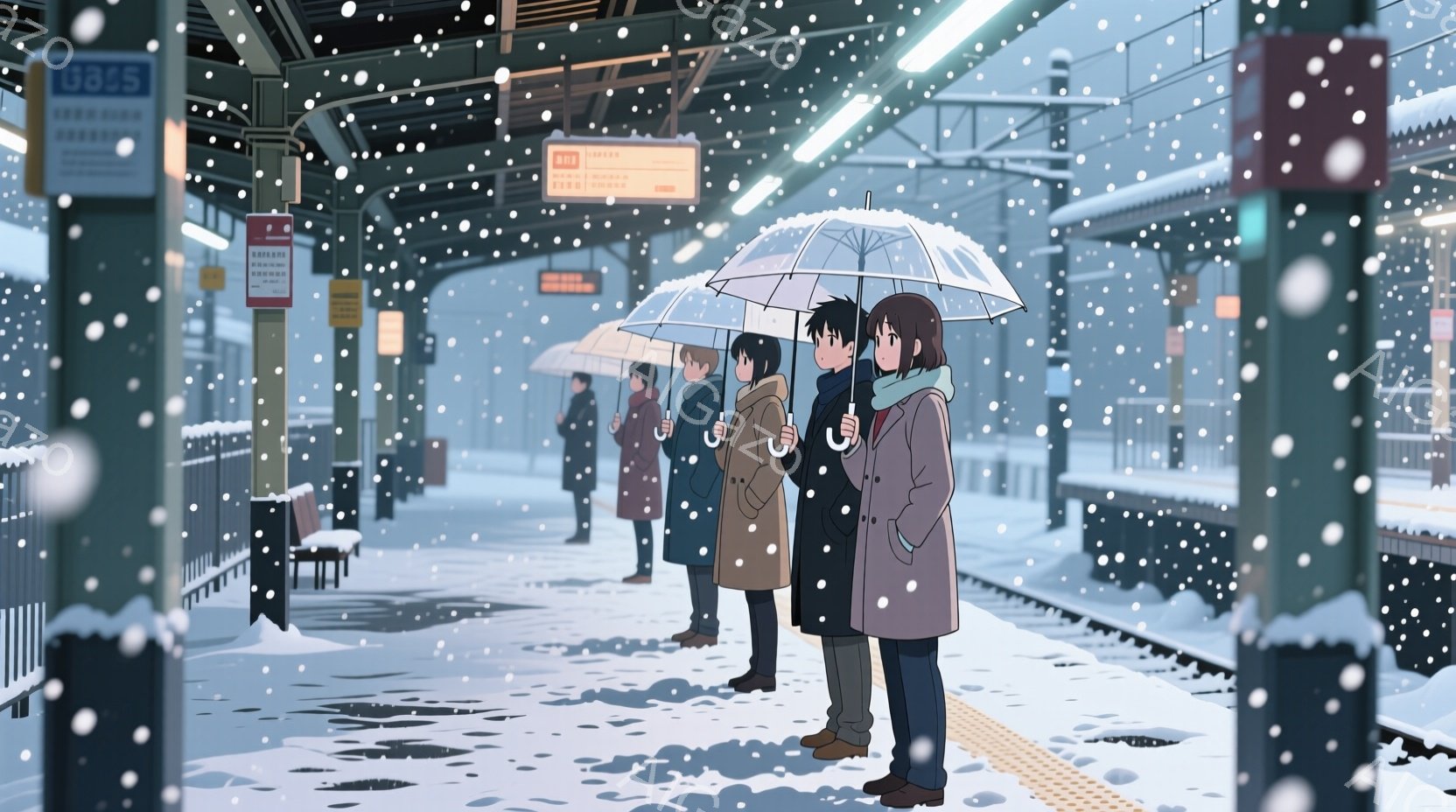 雪が降る駅のプラットフォームに、数人のキャラクターが傘をさして立っています。彼らは冬服を着ており、髪の色や長さはそれぞれ異なります。男性キャラクターは黒髪で、女性キャラクターは茶色の髪です。彼らの表情は穏やかで、何かを待っているかのようです。背景には駅の建物があり、雪が降っている様子が描かれています。