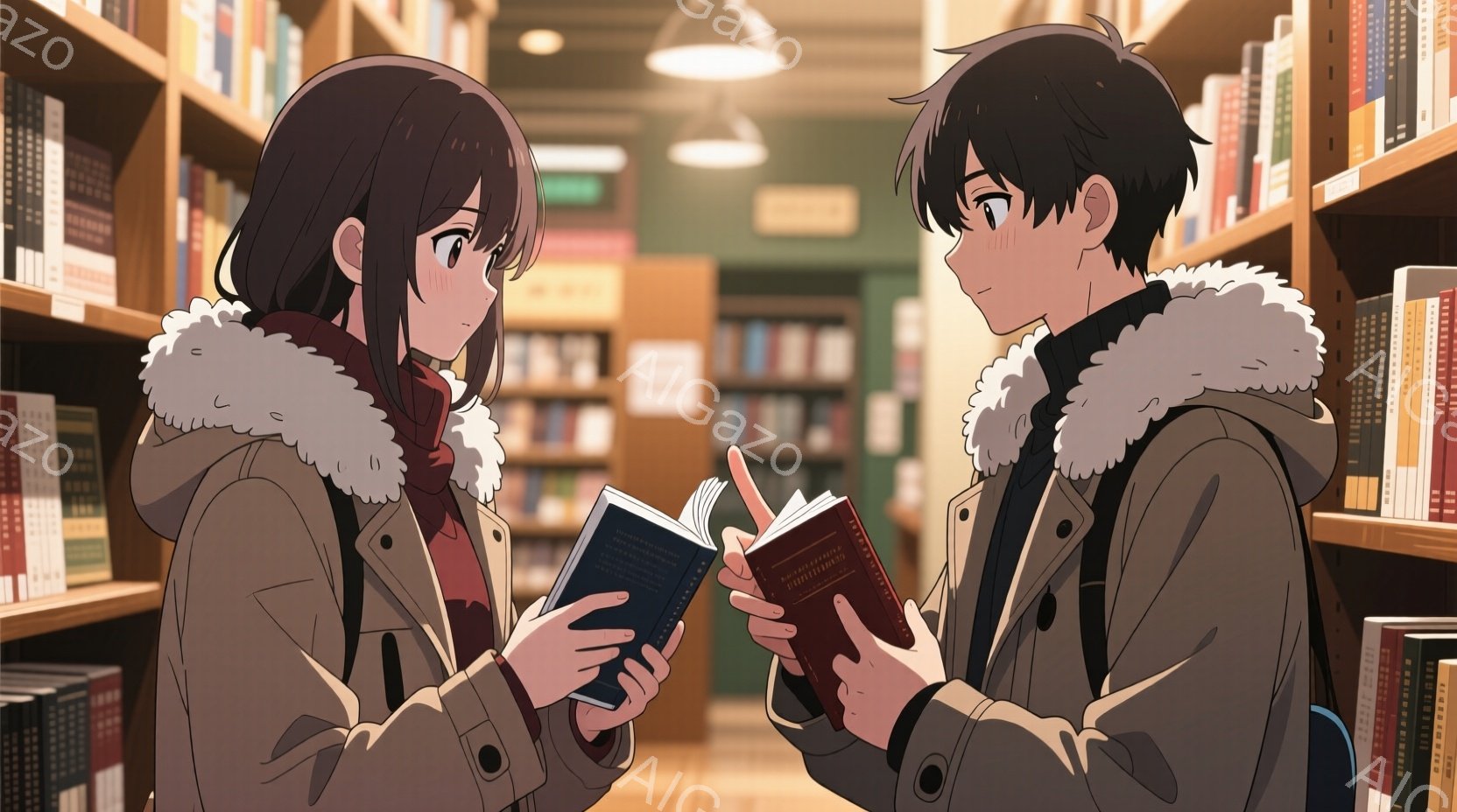 二人のキャラクターが図書館の中で本を手に持ちながら会話をしている様子が描かれています。女性キャラクターは長い黒髪で、茶色のコートを着ており、赤いスカーフを巻いています。男性キャラクターは黒髪で、フード付きのコートを着ています。二人とも本を手に持ち、会話を楽しんでいる表情です。背景には本棚が並び、暖かい照明が室内を照らしています。