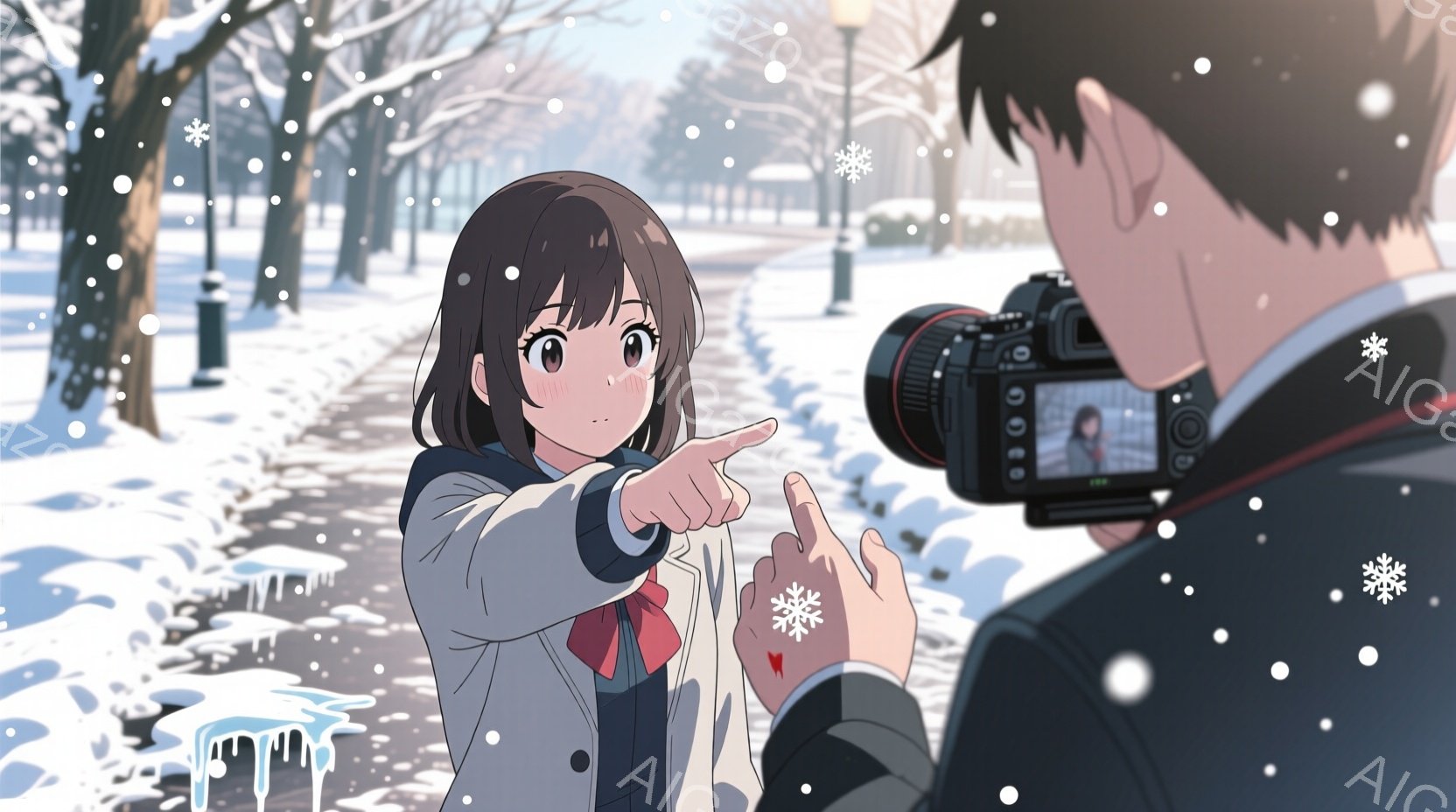 雪景色の中で、女性が男性のカメラに向かって指を指している。女性は長い黒髪で、青いコートと赤いリボンを身につけている。男性は背中を向けており、彼の手にはデジタル一眼レフカメラが握られている。背景には雪に覆われた木々と街灯があり、雪が降っている様子が描かれている。
